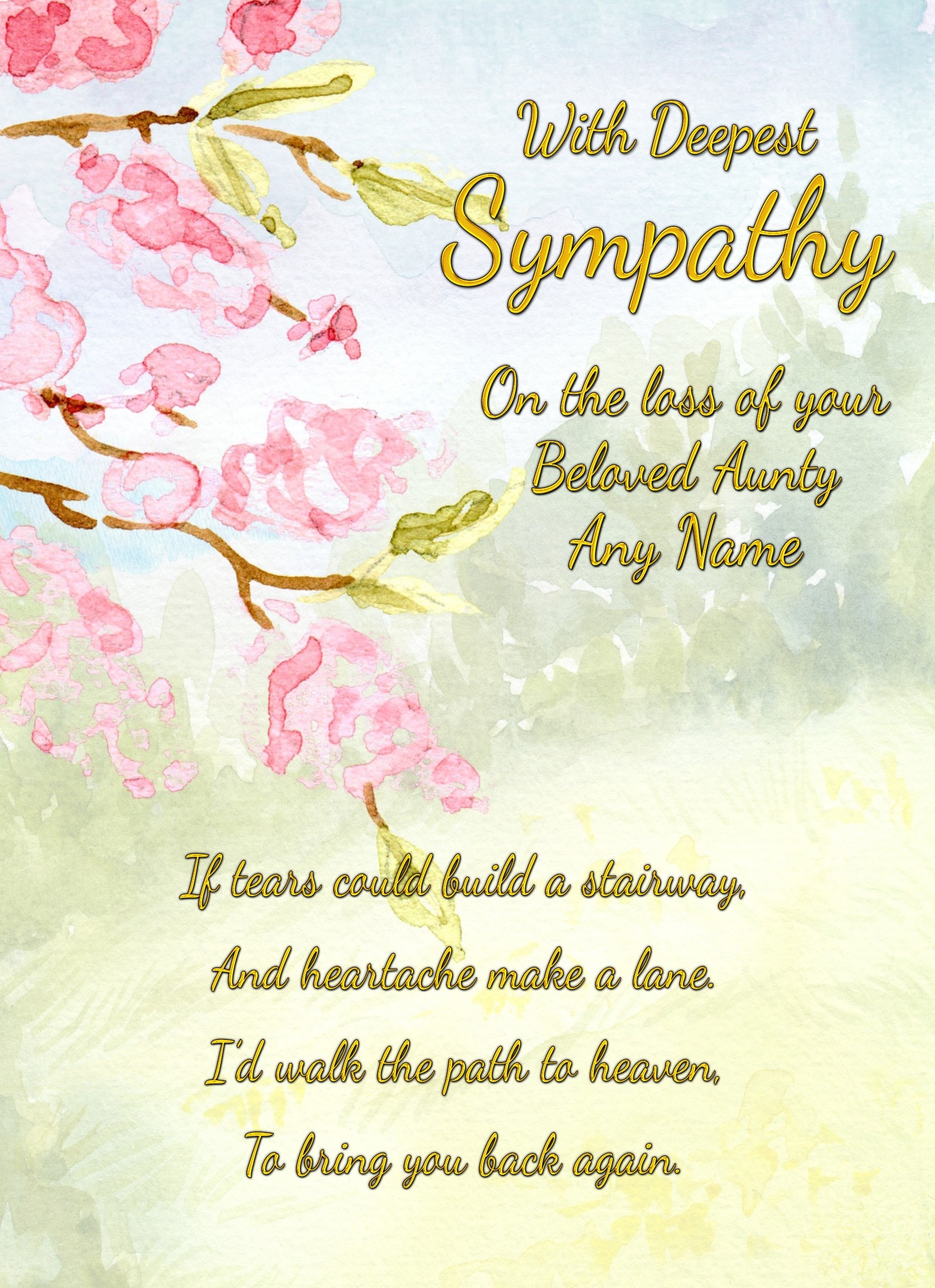 Personalised Sympathy Bereavement Card (With Deepest Sympathy, Beloved Aunty)