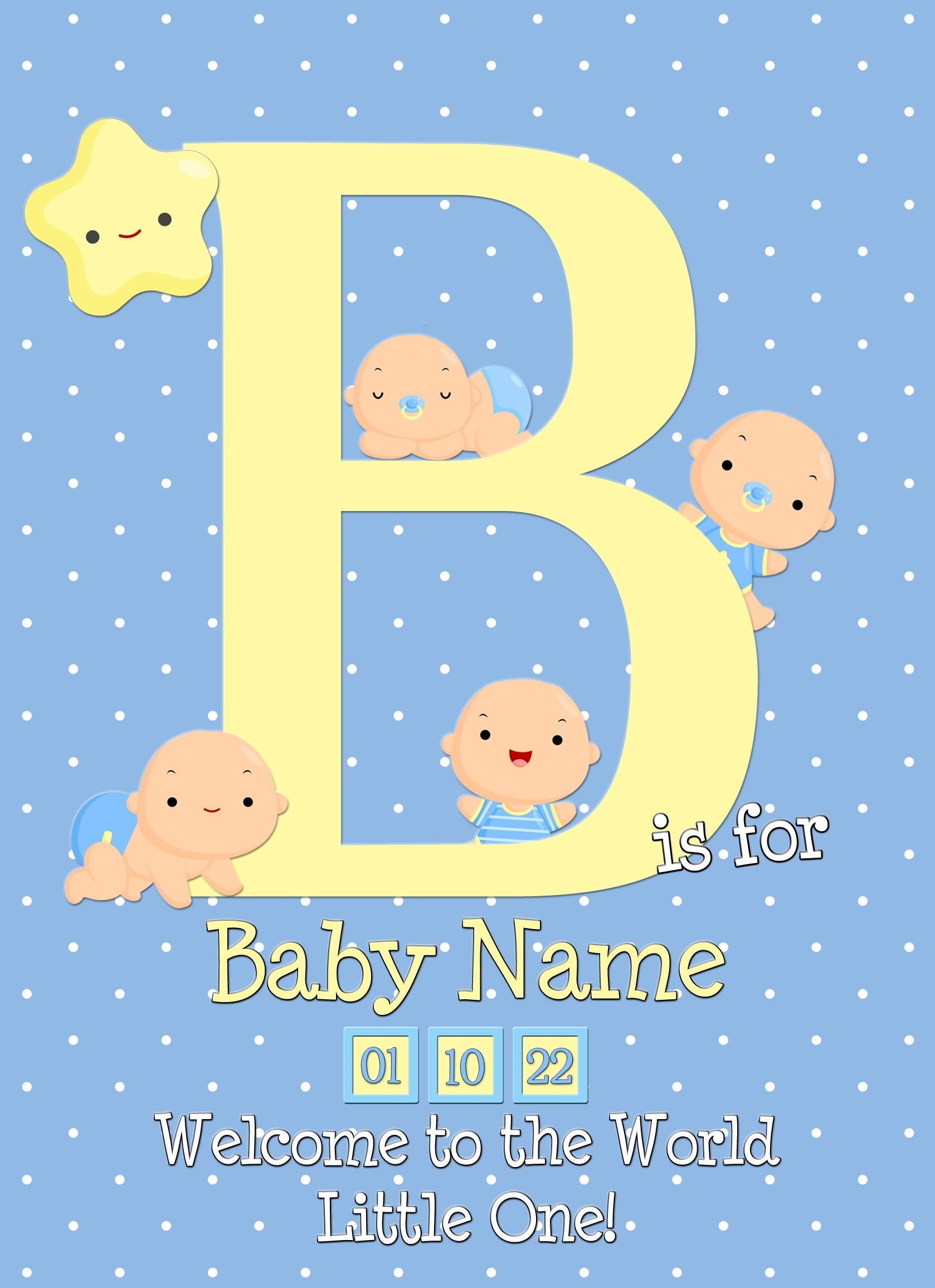 Personalised Baby Boy Birth Greeting Card (Name Starting With 'B')