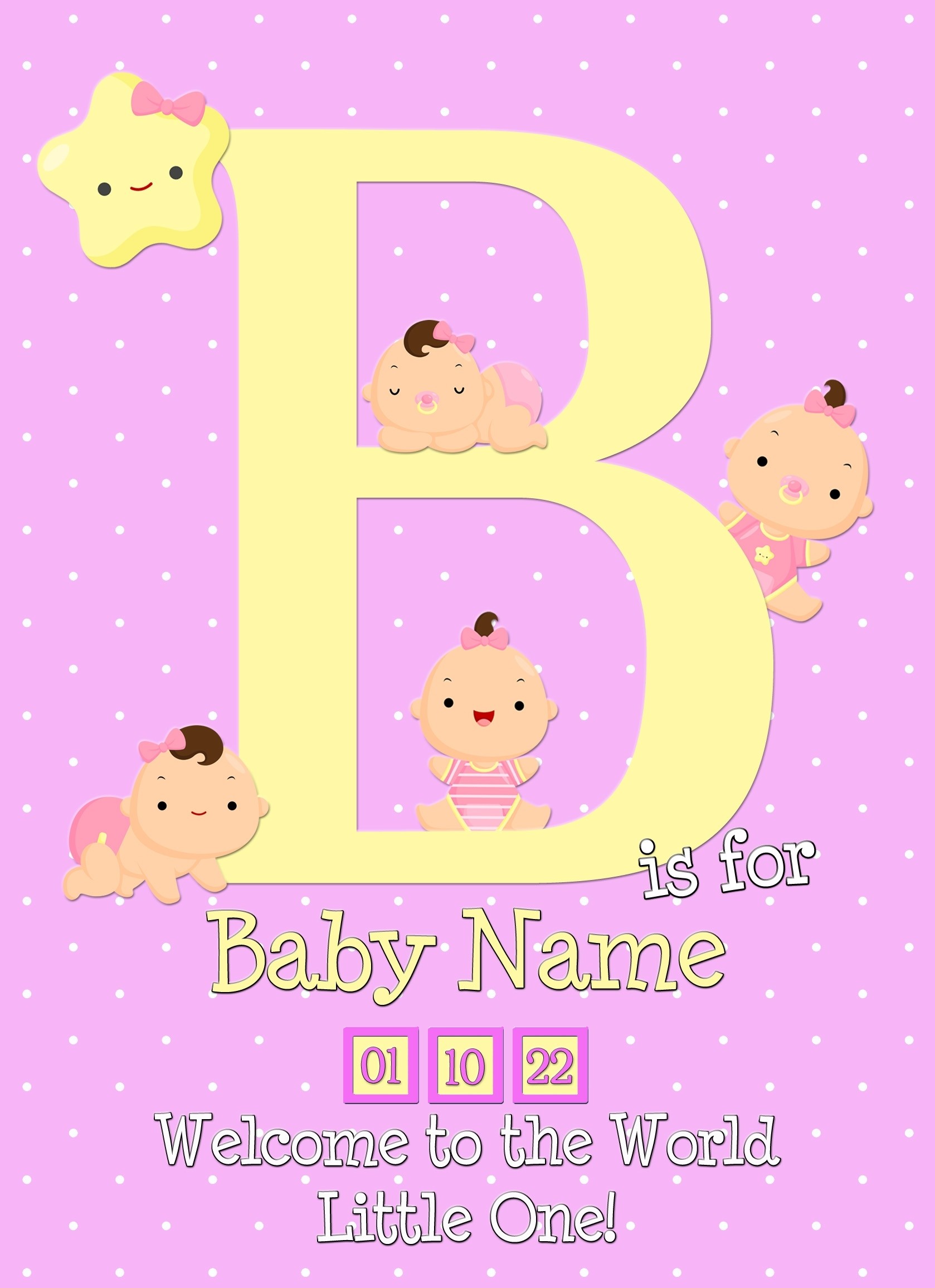 Personalised Baby Girl Birth Greeting Card (Name Starting With 'B')