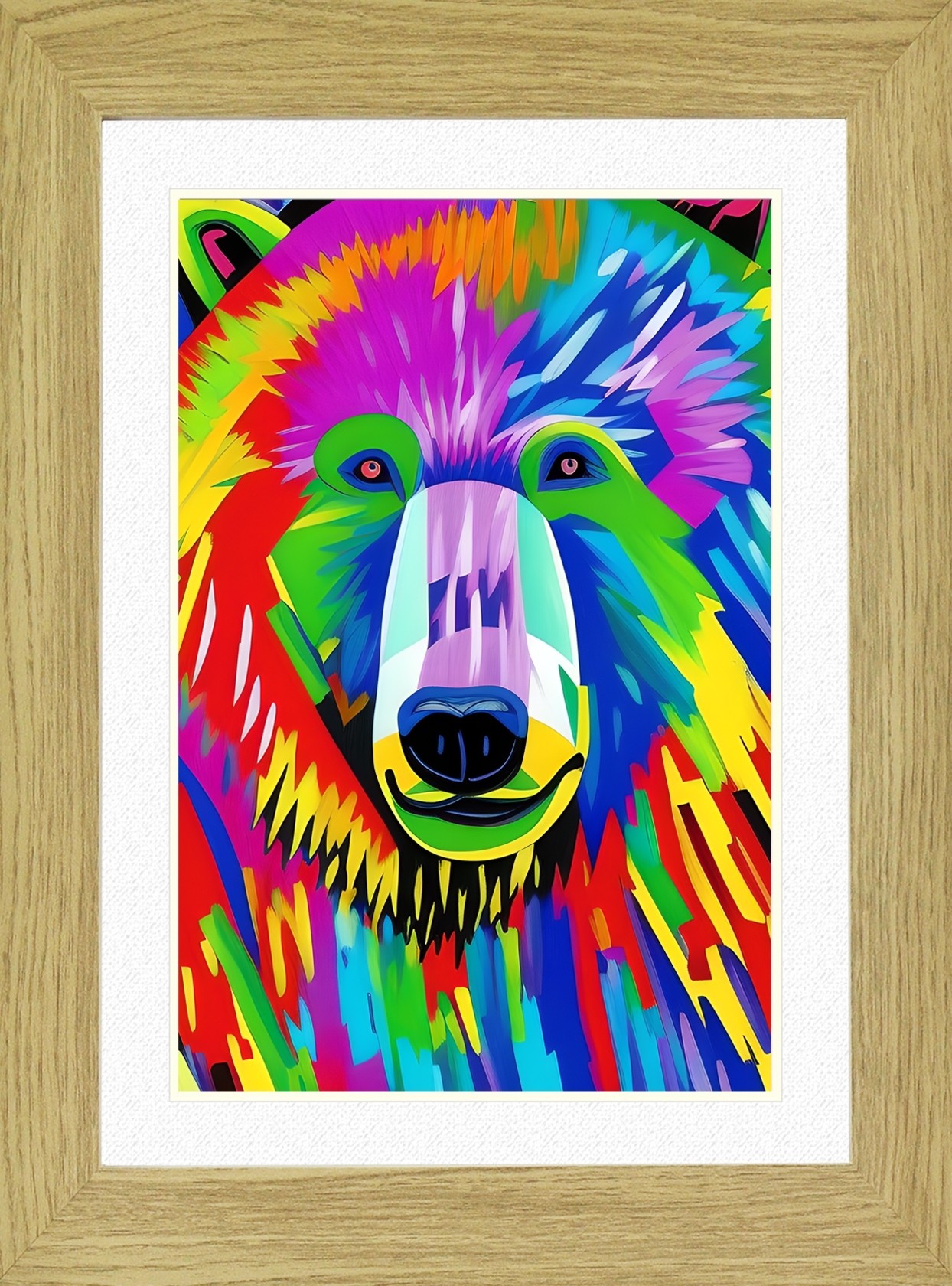Bear Animal Picture Framed Colourful Abstract Art (25cm x 20cm Light Oak Frame)
