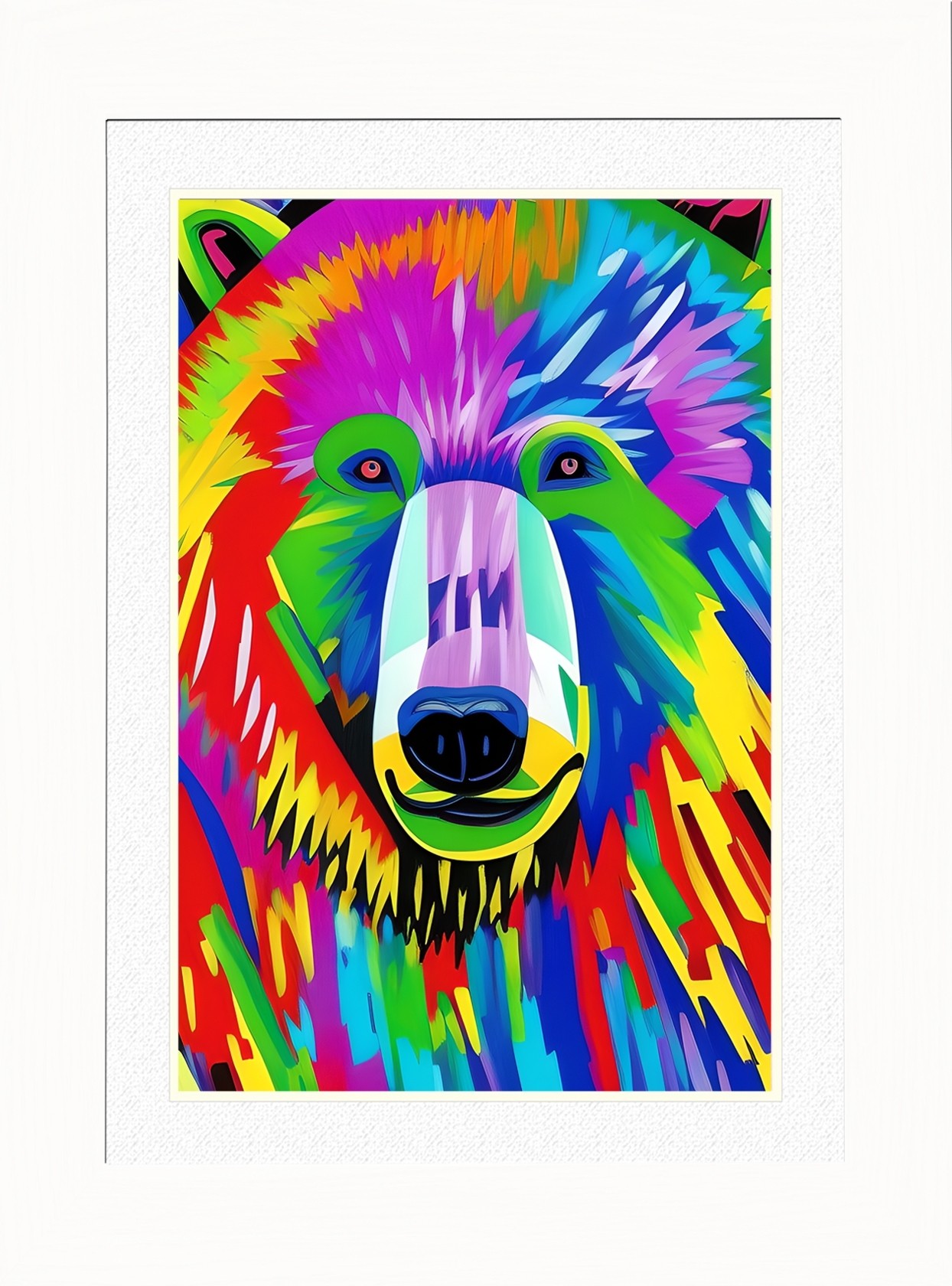 Bear Animal Picture Framed Colourful Abstract Art (30cm x 25cm White Frame)