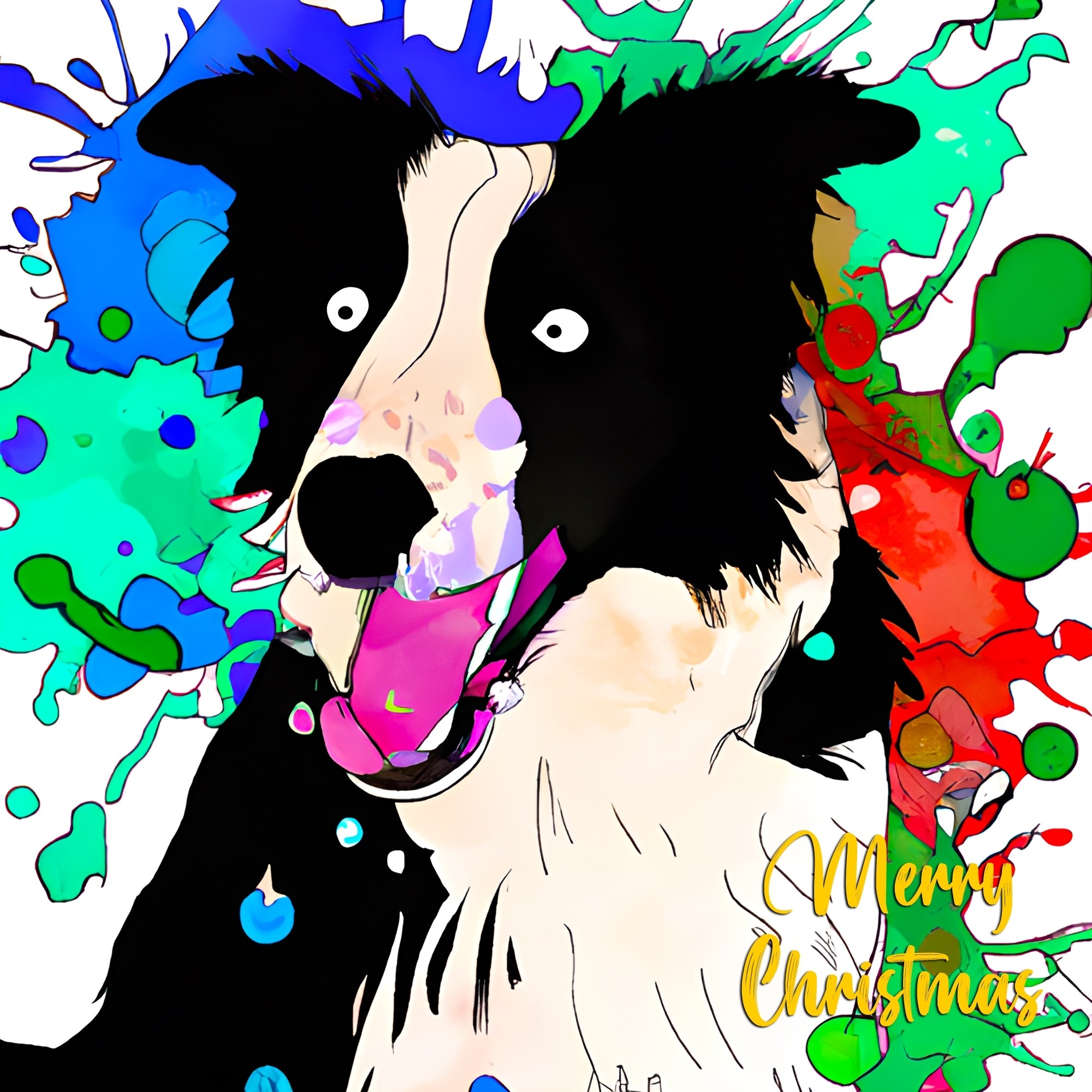 Border Collie Dog Splash Art Cartoon Square Christmas Card