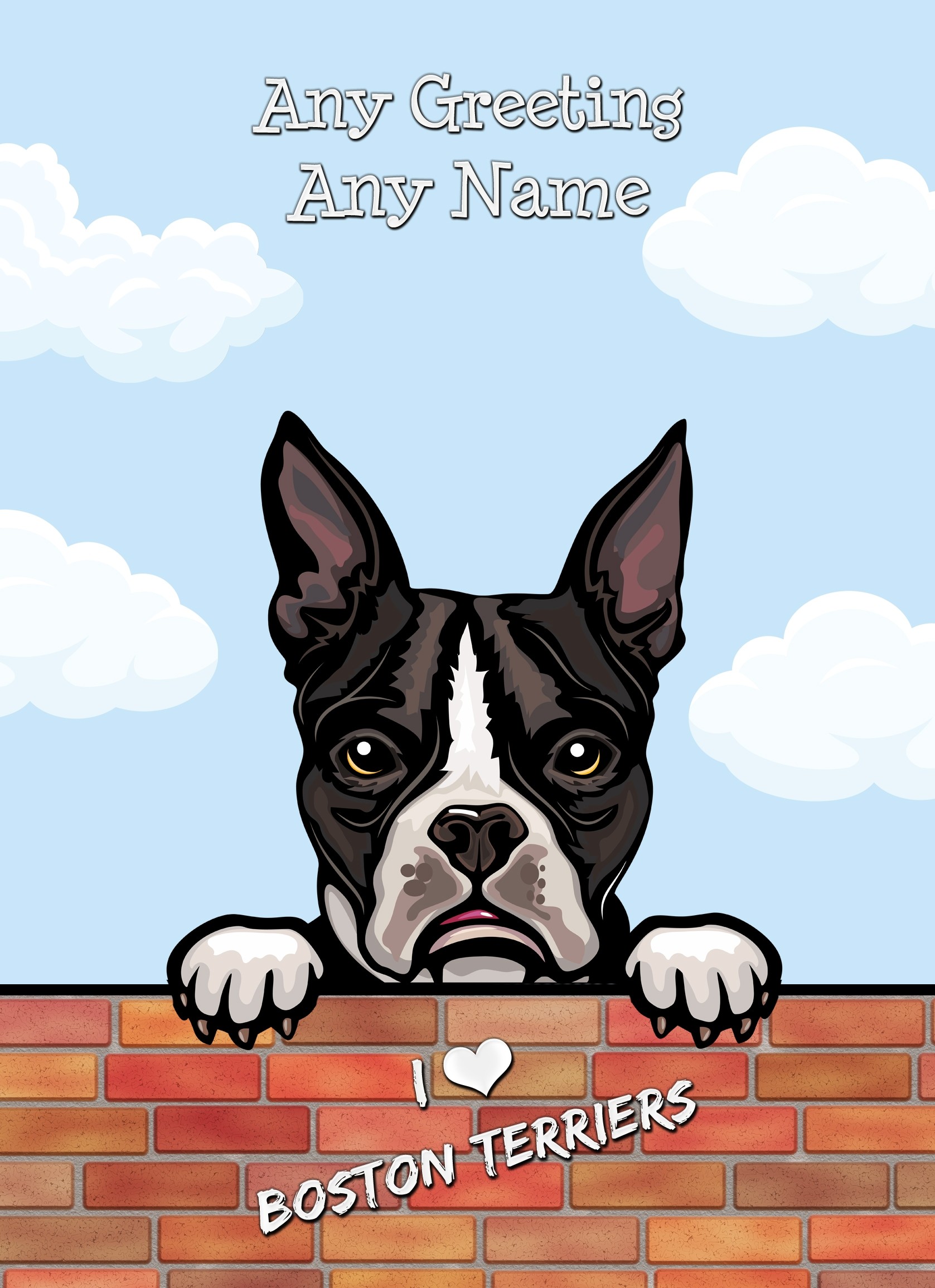Personalised Boston Terrier Dog Birthday Card (Art, Clouds)