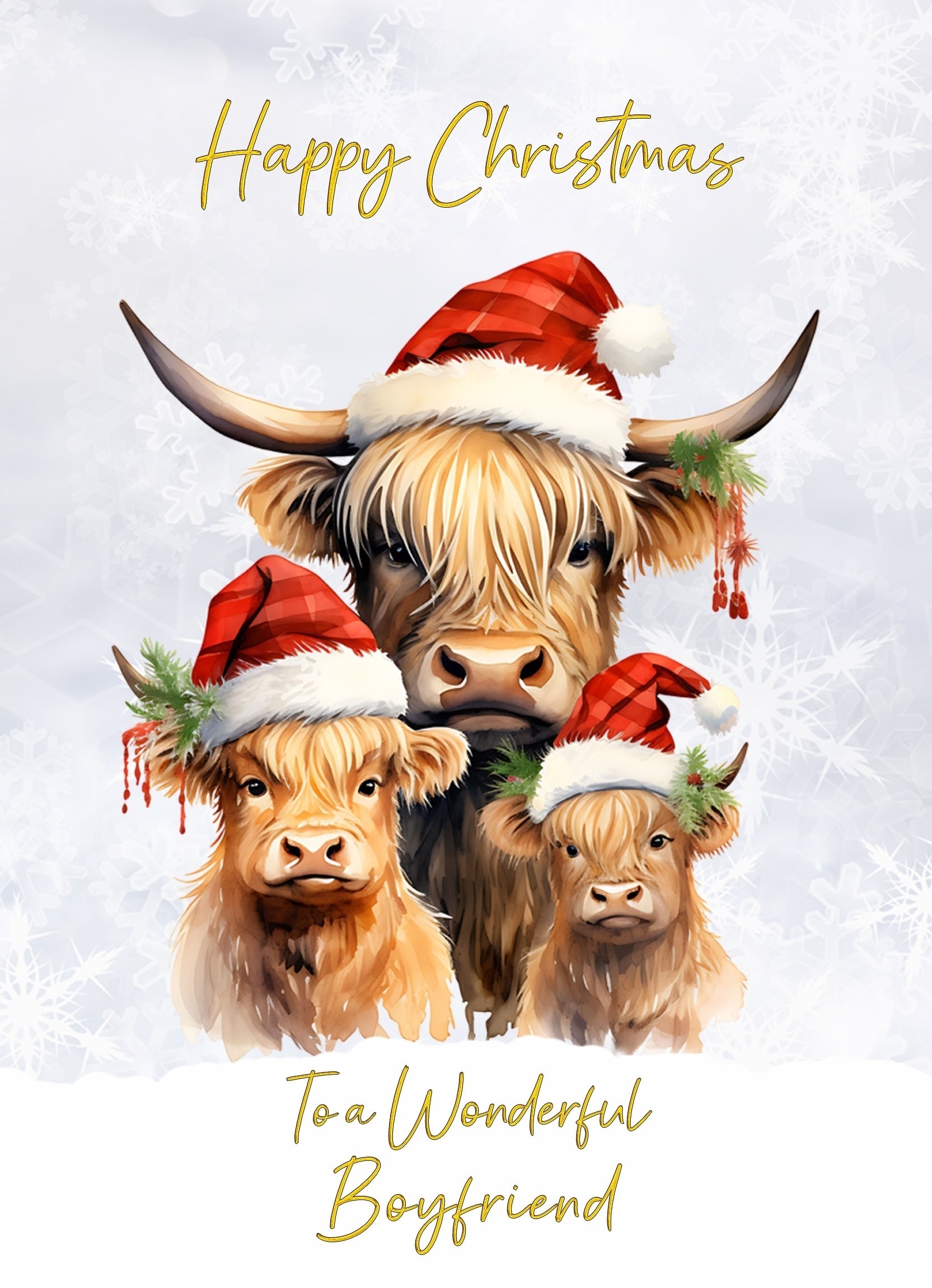 Christmas Card For Boyfriend (Highland Cow Family Art)
