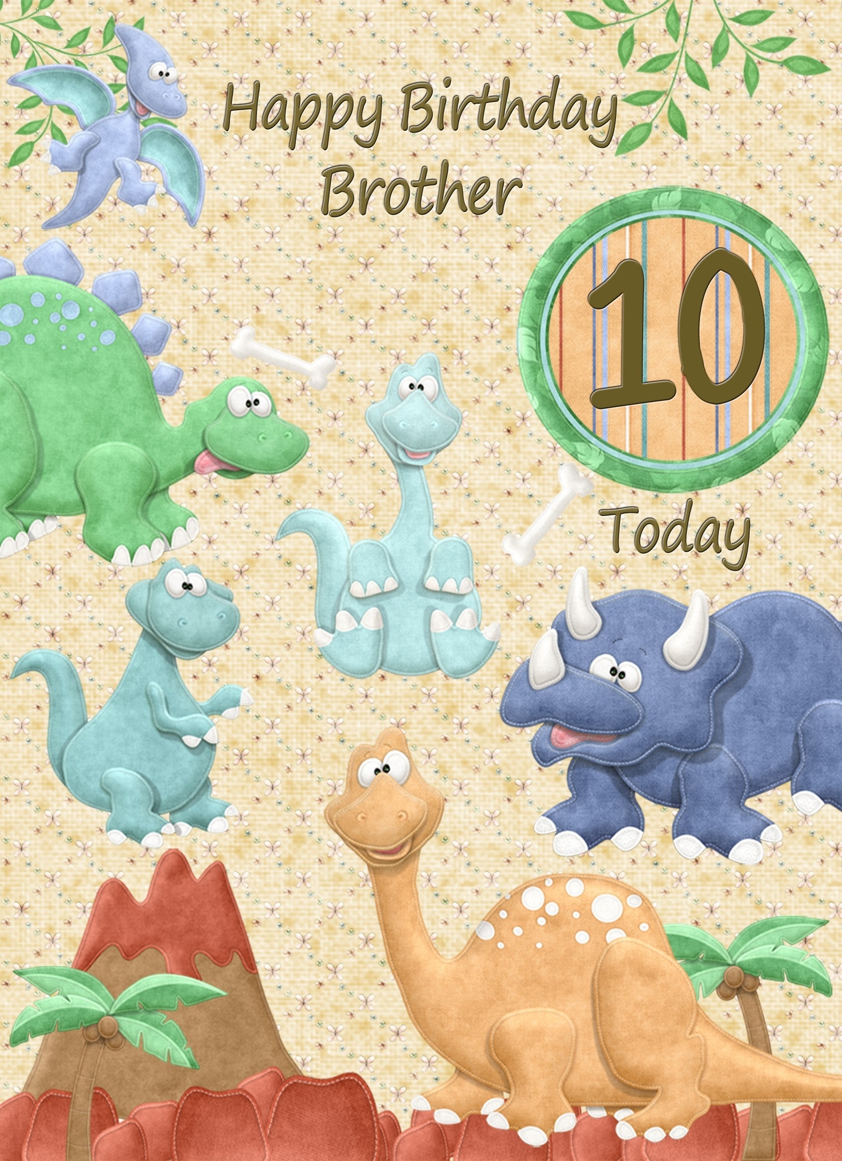 Kids 10th Birthday Dinosaur Cartoon Card for Brother