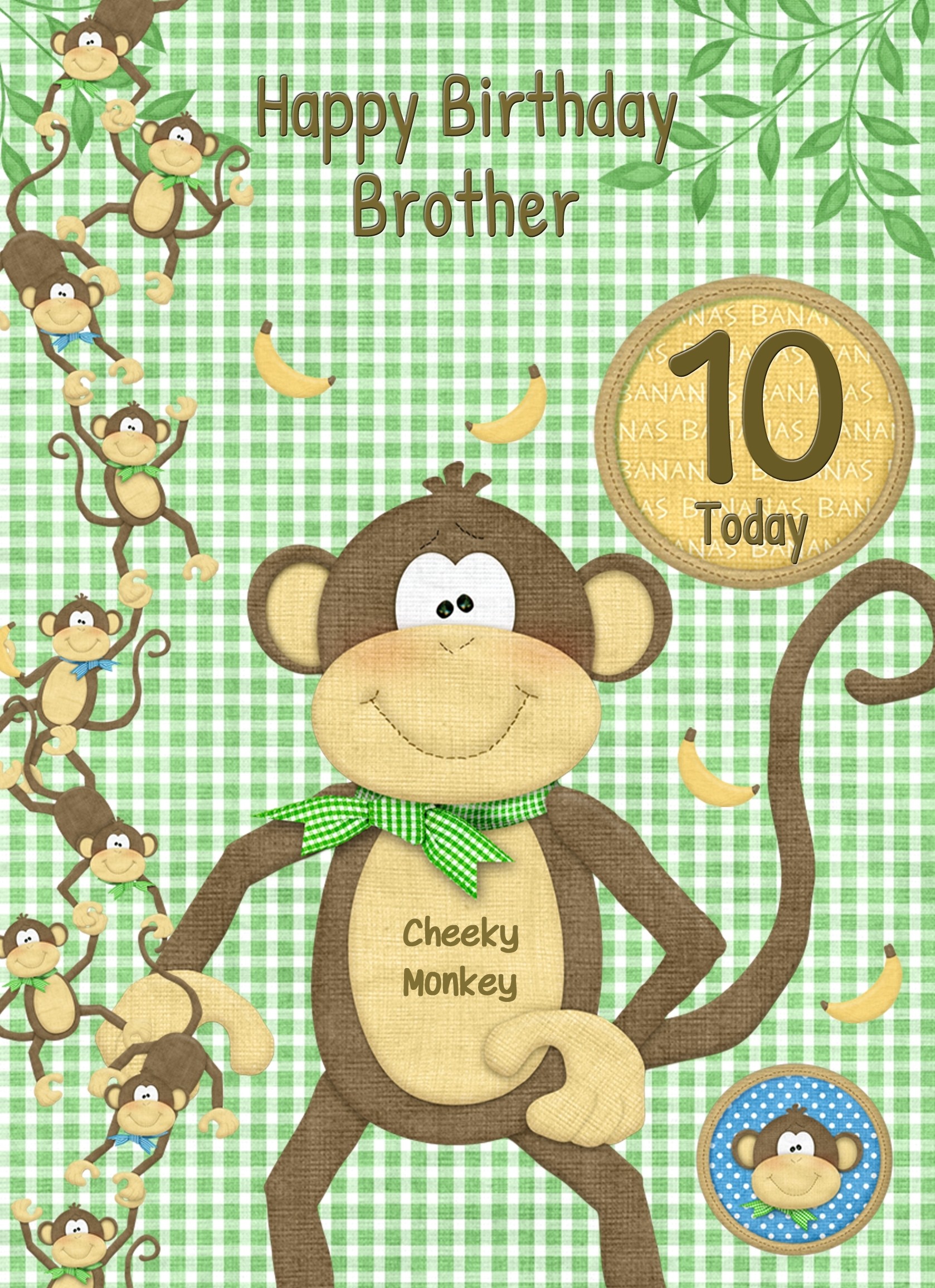 Kids 10th Birthday Cheeky Monkey Cartoon Card for Brother