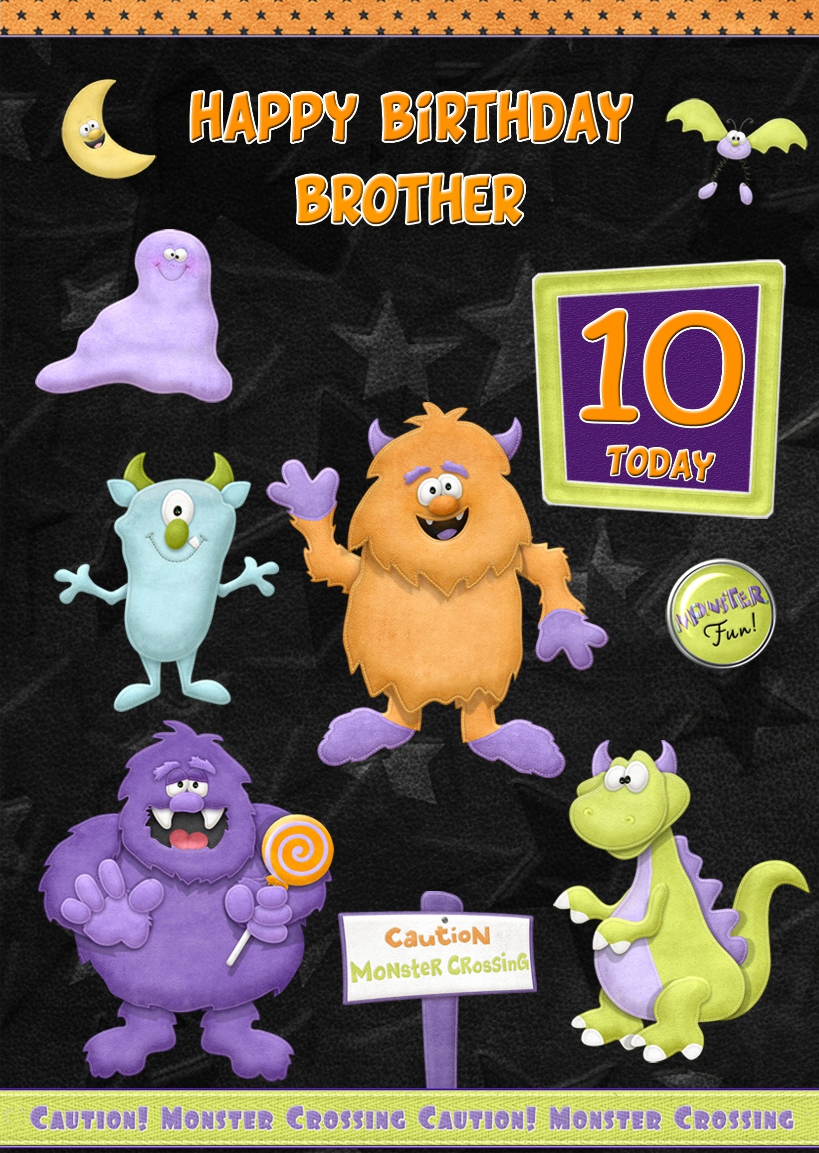 Kids 10th Birthday Funny Monster Cartoon Card for Brother