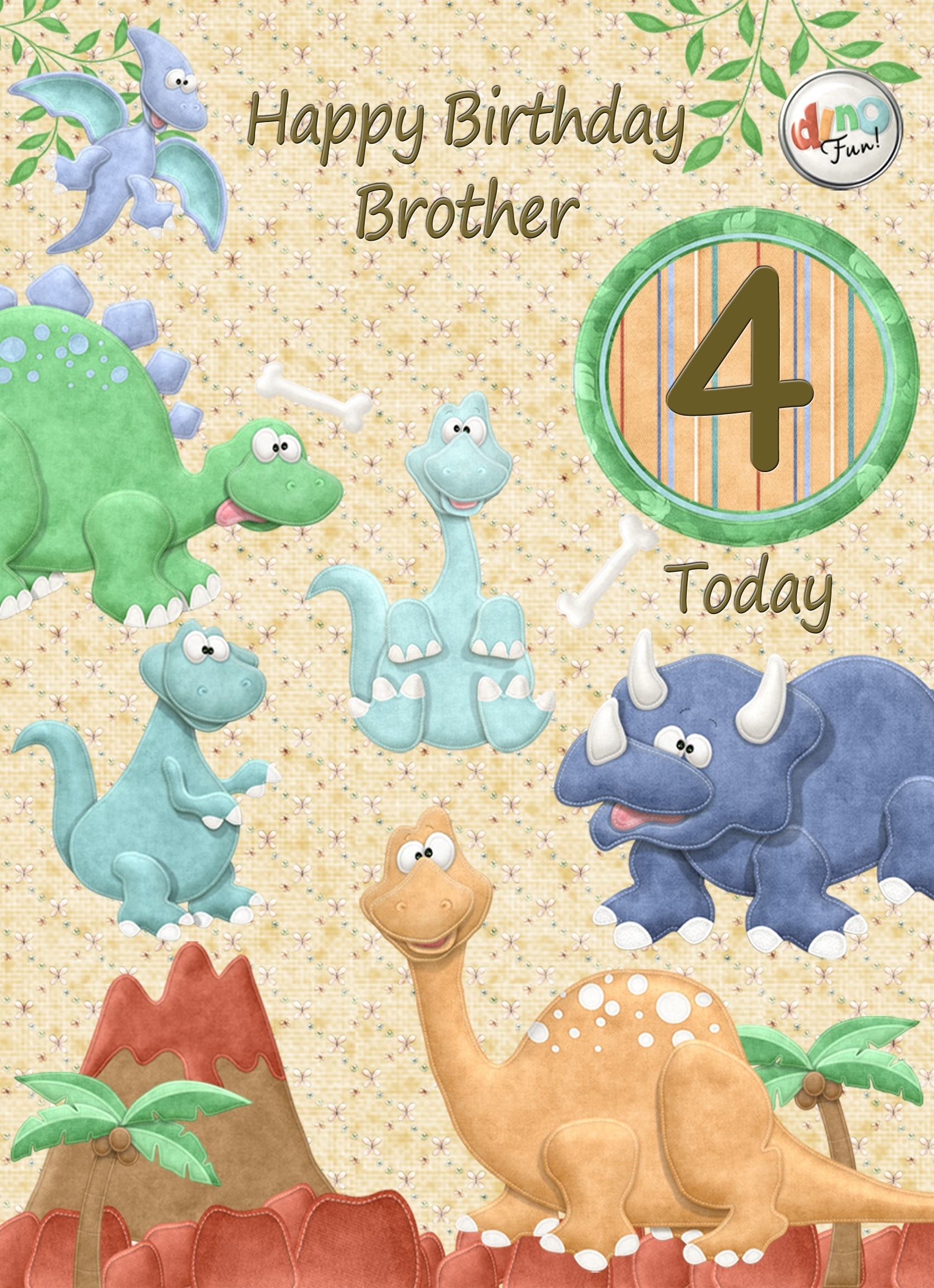 Kids 4th Birthday Dinosaur Cartoon Card for Brother