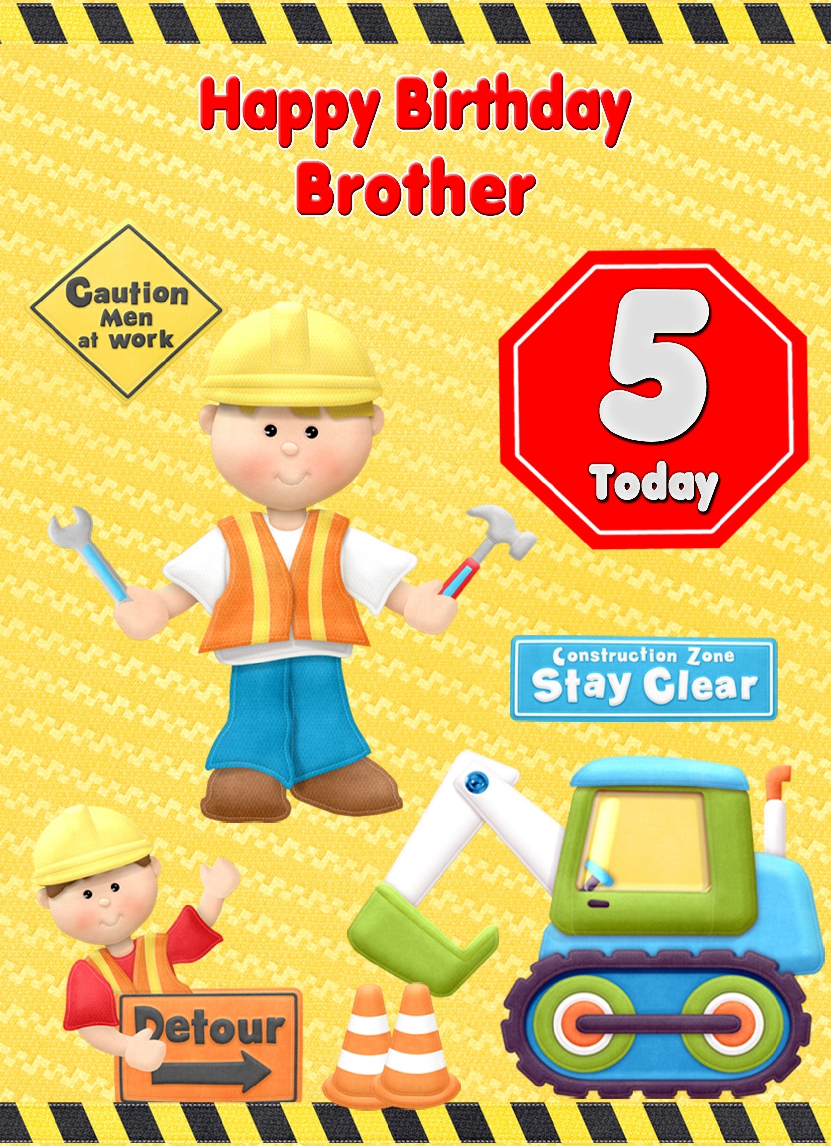 Kids 5th Birthday Builder Cartoon Card for Brother