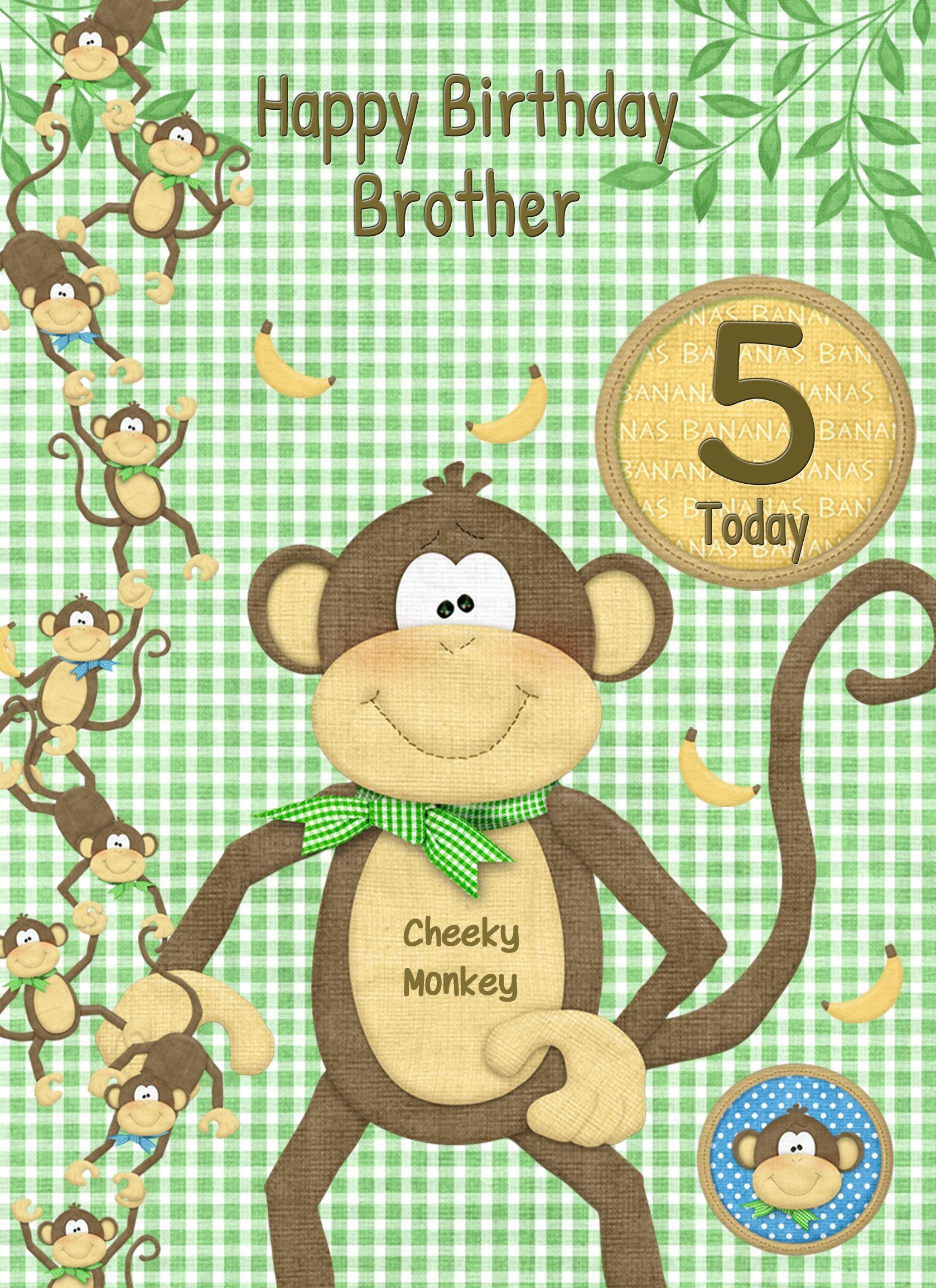 Kids 5th Birthday Cheeky Monkey Cartoon Card for Brother