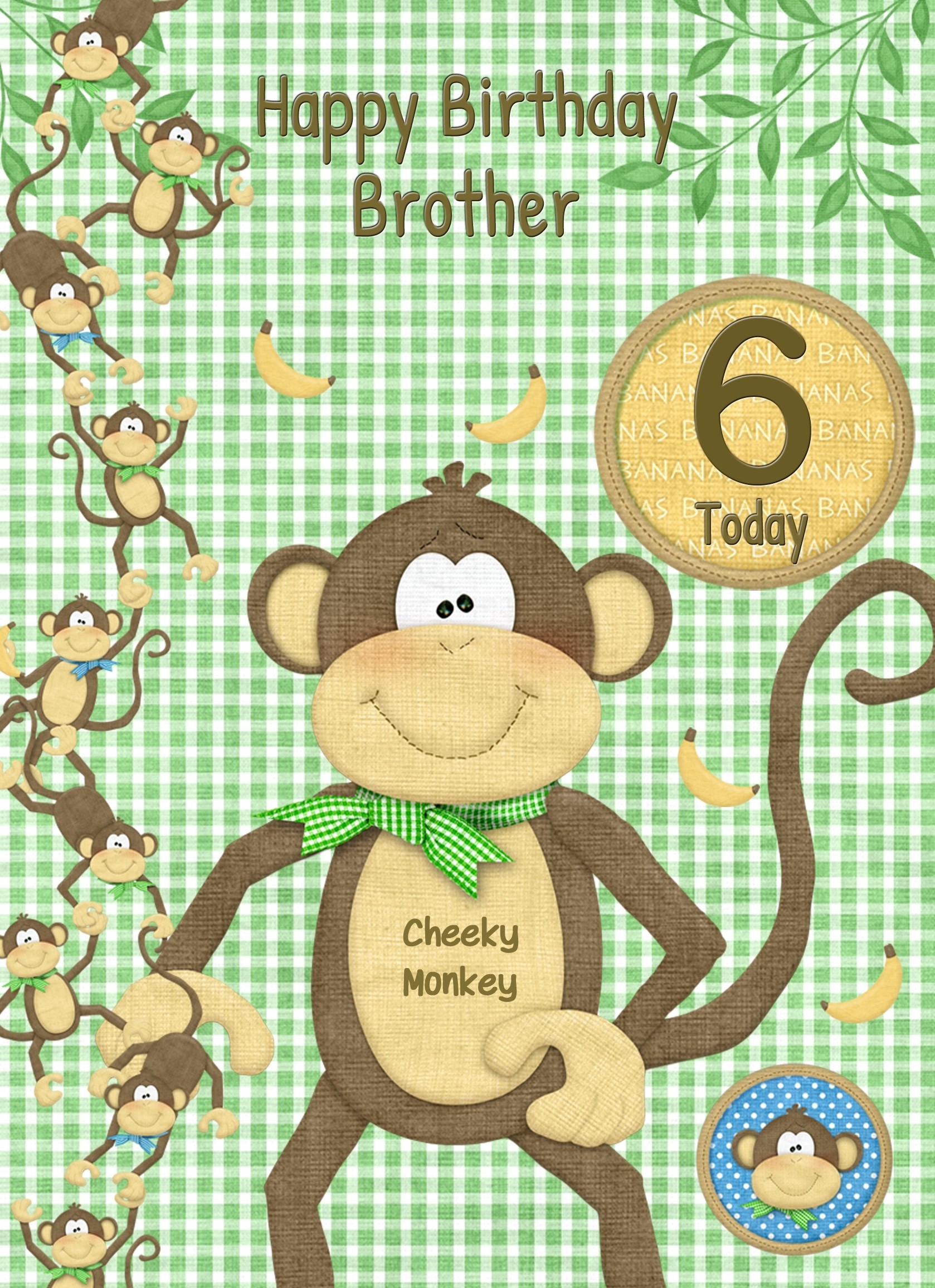 Kids 6th Birthday Cheeky Monkey Cartoon Card for Brother