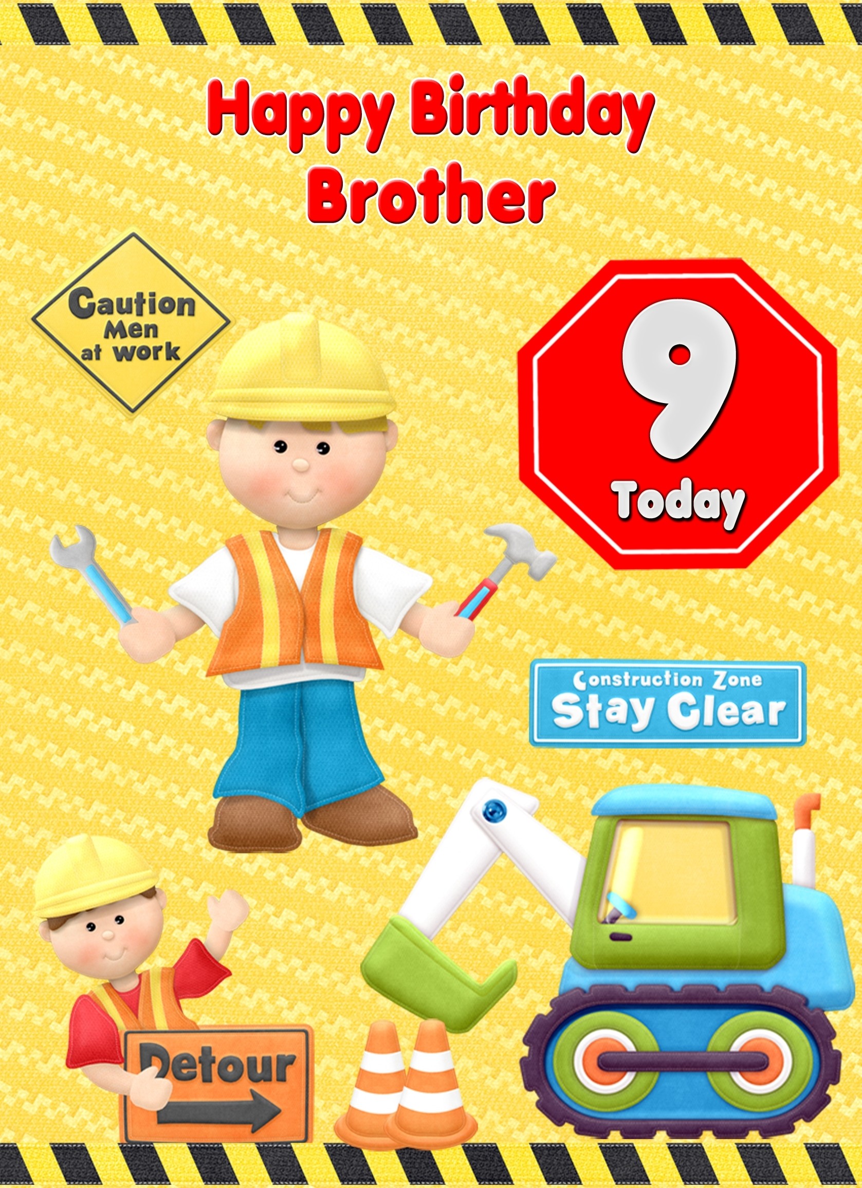 Kids 9th Birthday Builder Cartoon Card for Brother