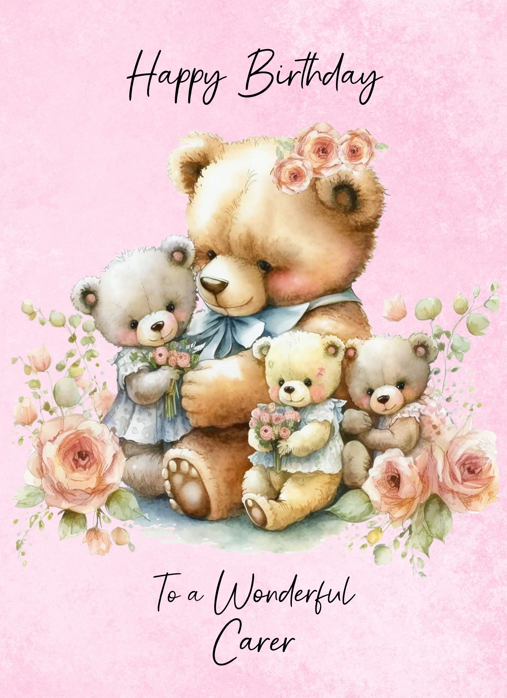 Cuddly Bear Art Birthday Card For Carer (Design 1)