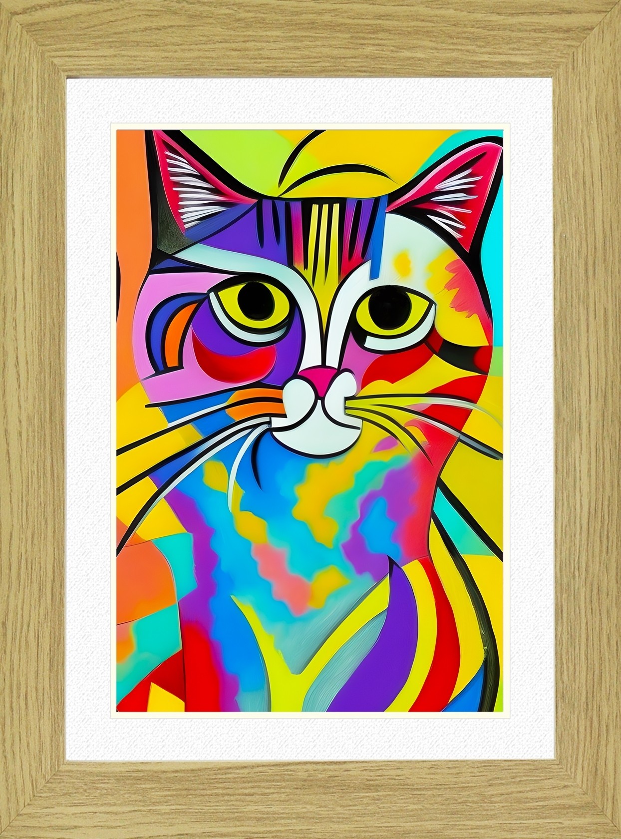 Cat Animal Picture Framed Colourful Abstract Art (A3 Light Oak Frame)