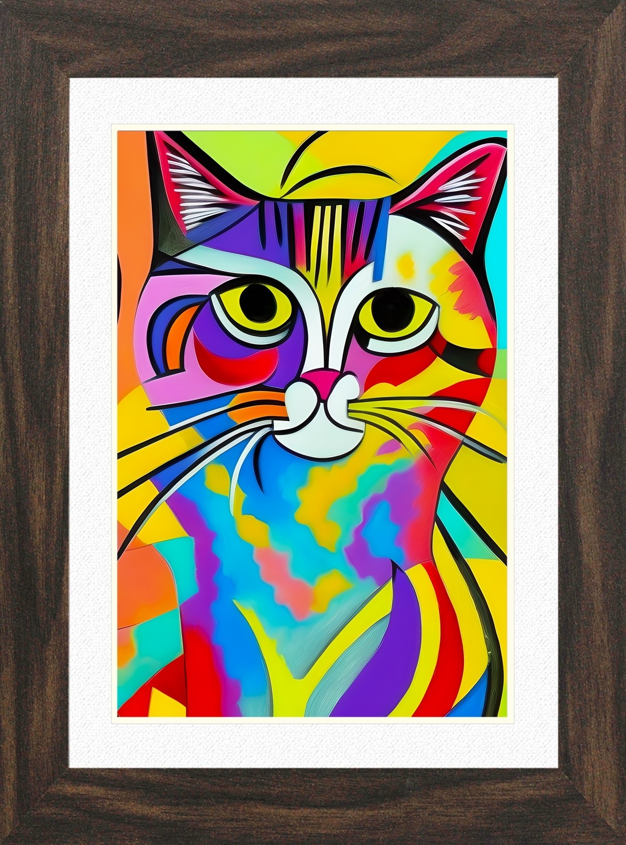 Cat Animal Picture Framed Colourful Abstract Art (A4 Walnut Frame)
