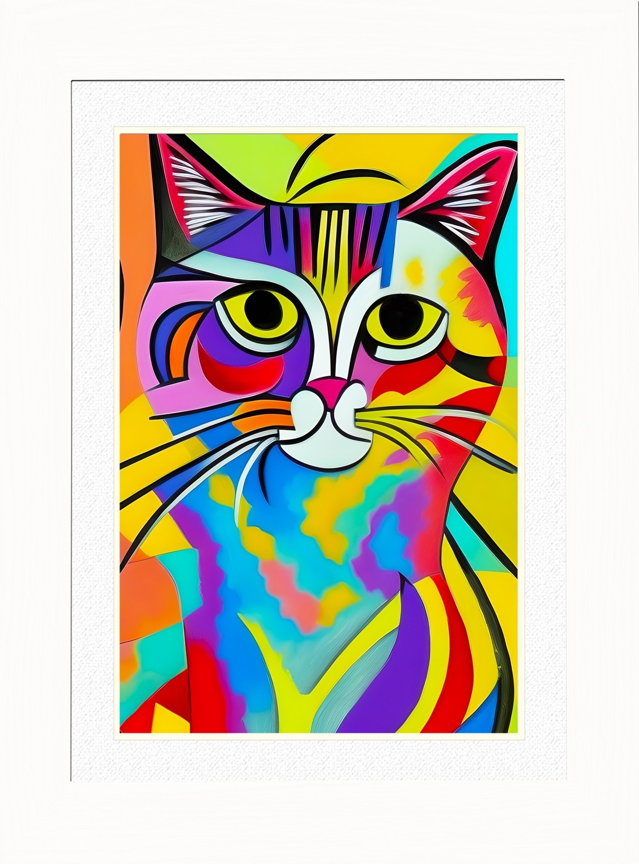 Cat Animal Picture Framed Colourful Abstract Art (A3 White Frame)