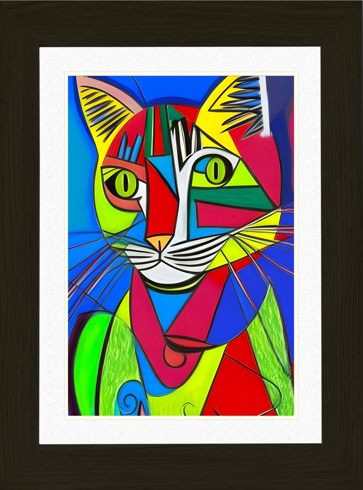 Cat Animal Picture Framed Colourful Abstract Art (25cm x 20cm Black Frame)