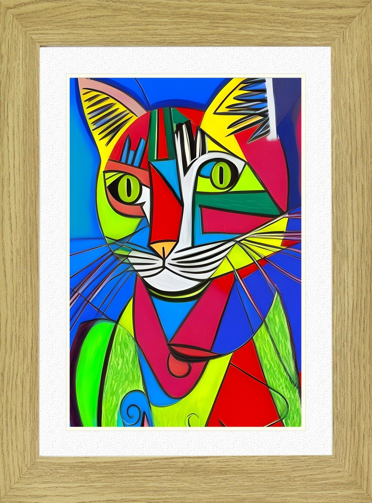 Cat Animal Picture Framed Colourful Abstract Art (A4 Light Oak Frame)