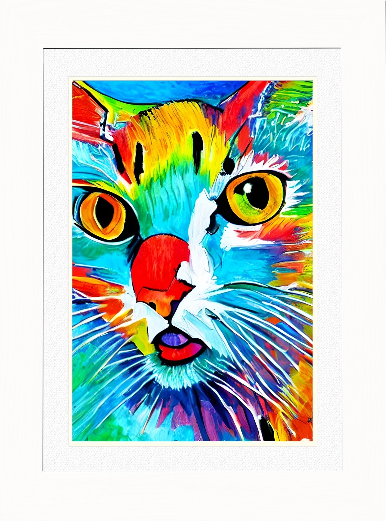 Cat Animal Picture Framed Colourful Abstract Art (A4 White Frame)