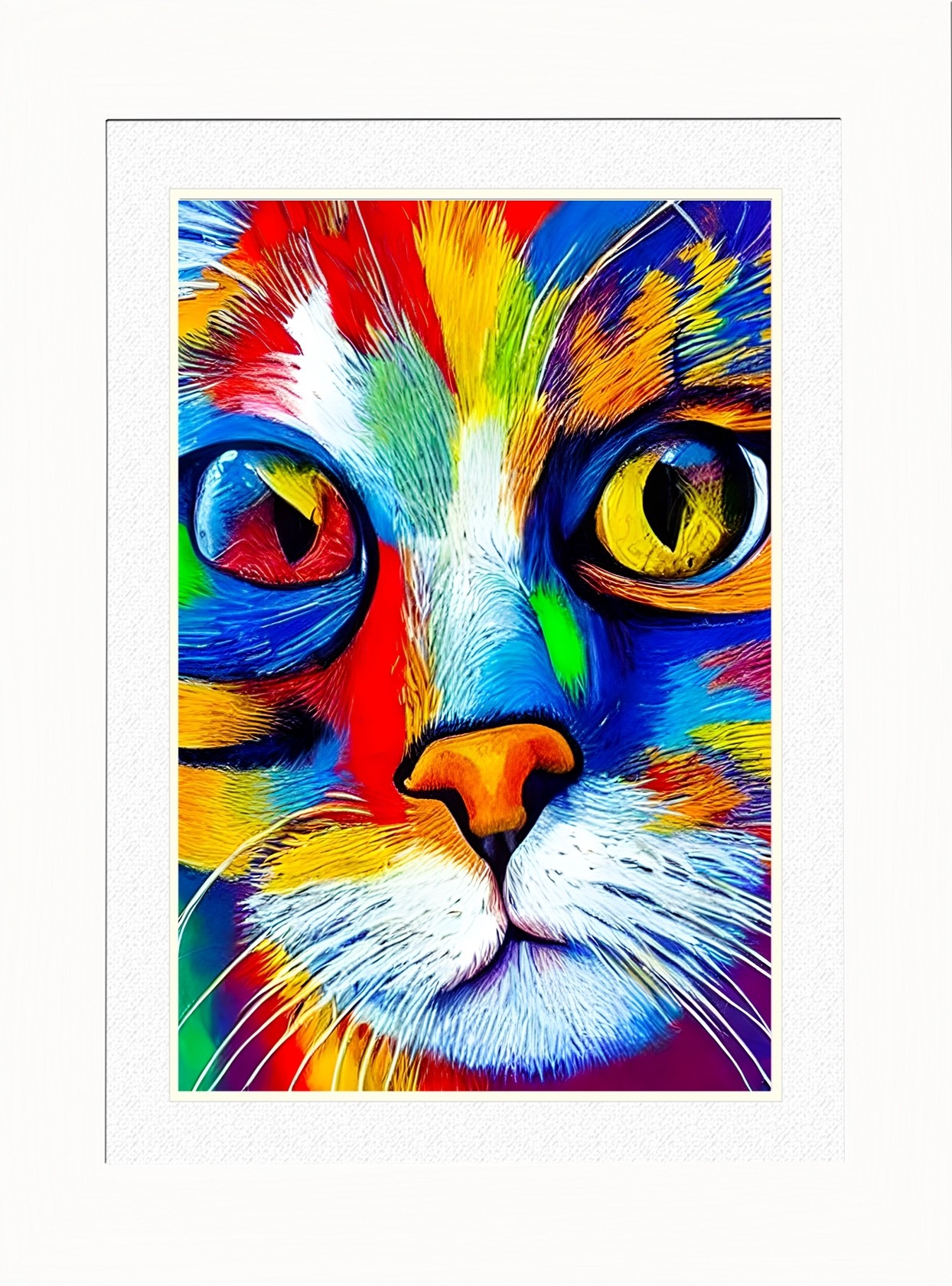 Cat Animal Picture Framed Colourful Abstract Art (A3 White Frame)