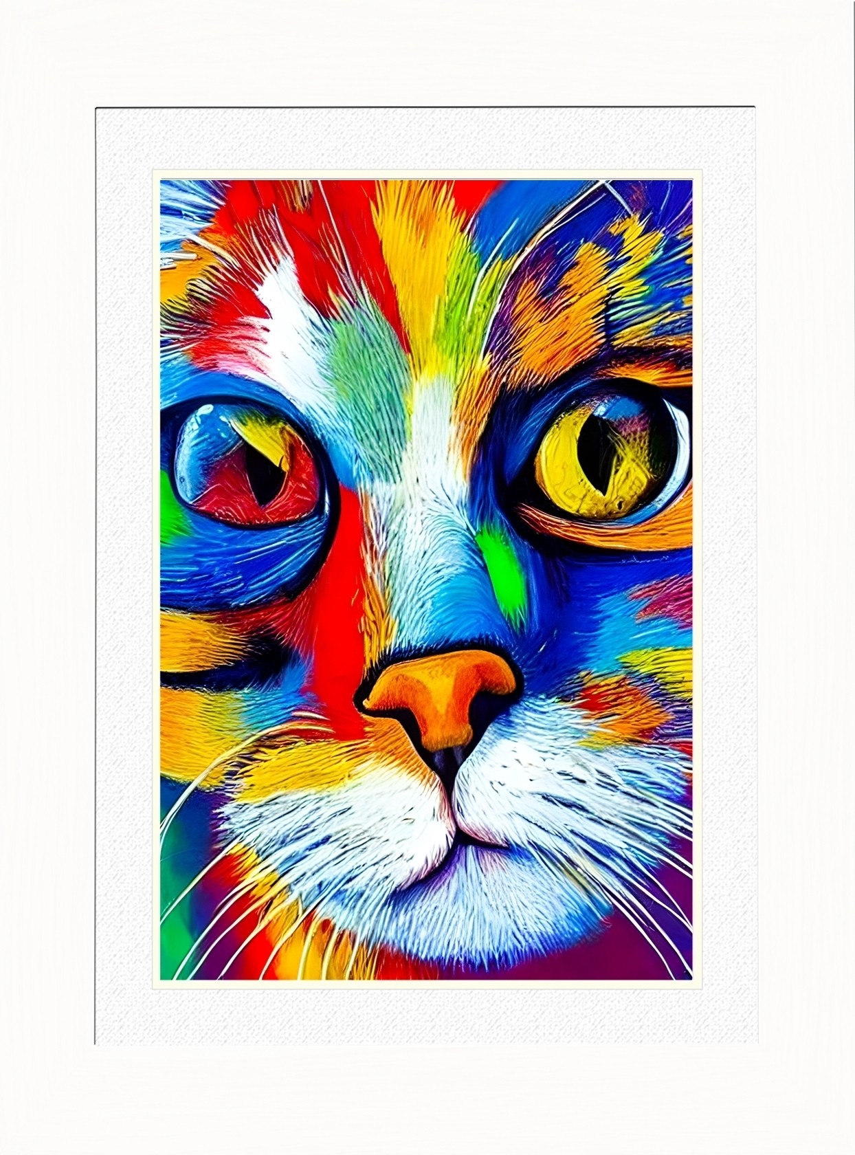 Cat Animal Picture Framed Colourful Abstract Art (25cm x 20cm White Frame)