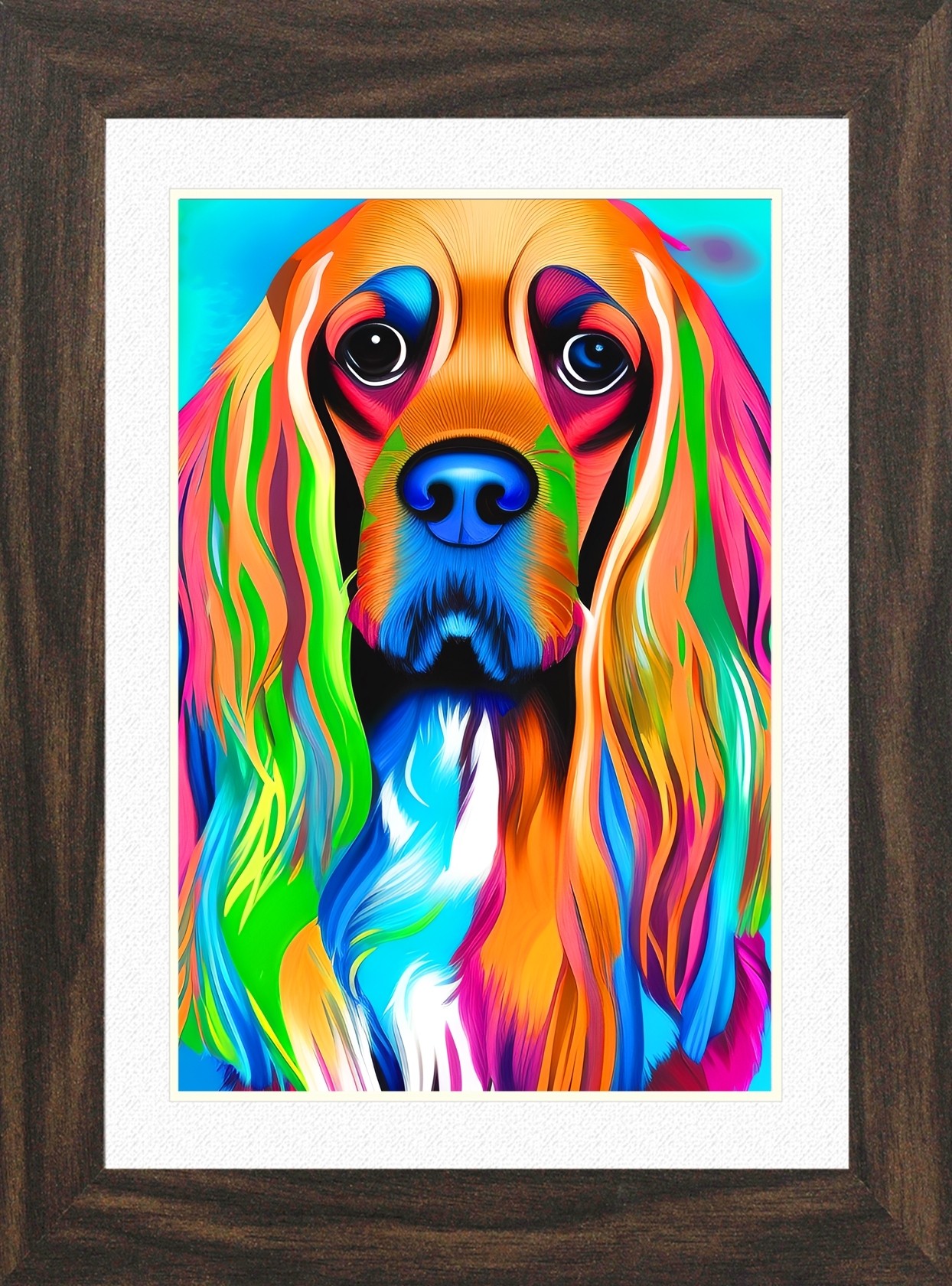 Cocker Spaniel Dog Picture Framed Colourful Abstract Art (A4 Walnut Frame)