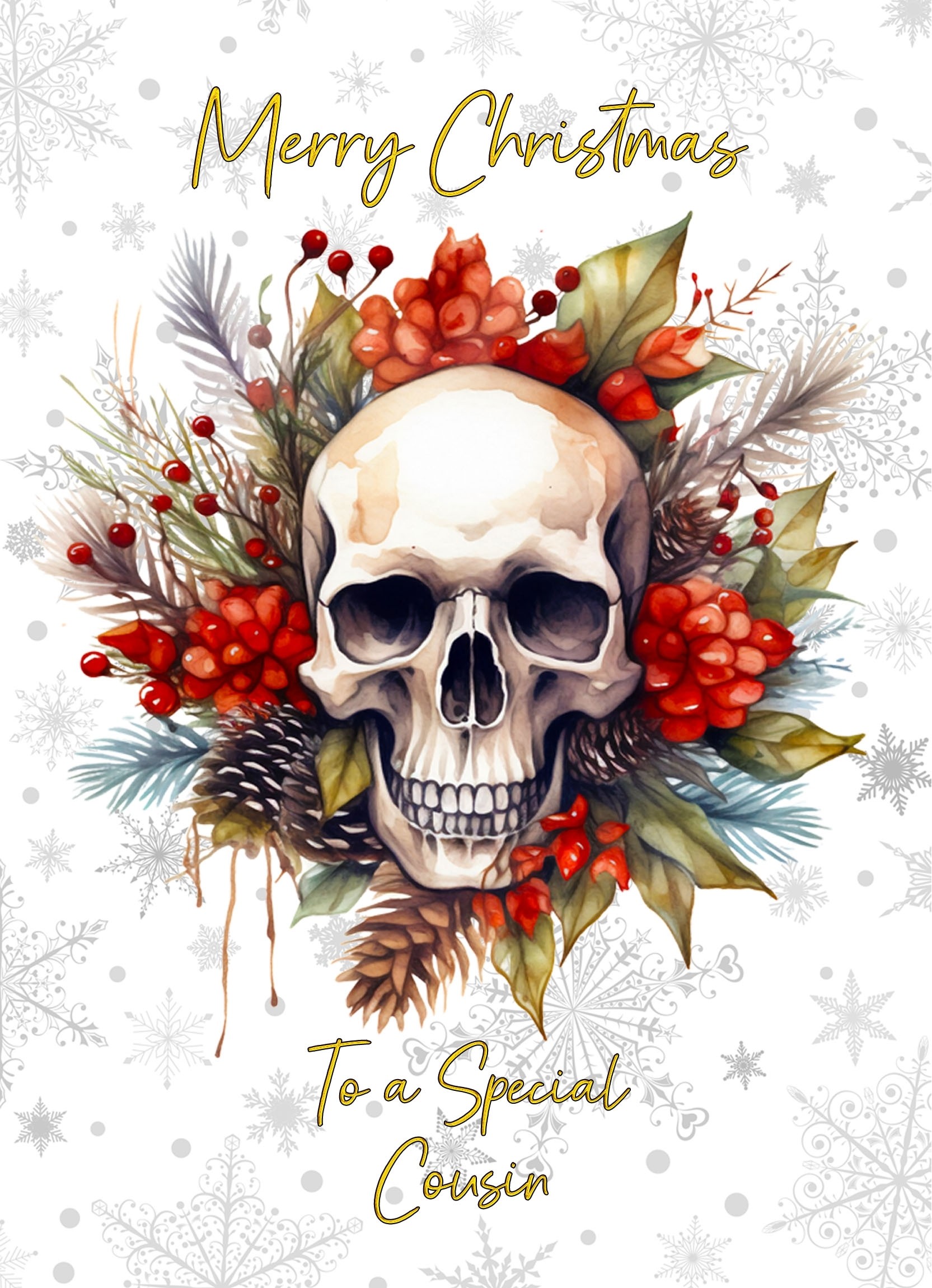 Christmas Card For Cousin (Gothic Fantasy Skull Wreath)