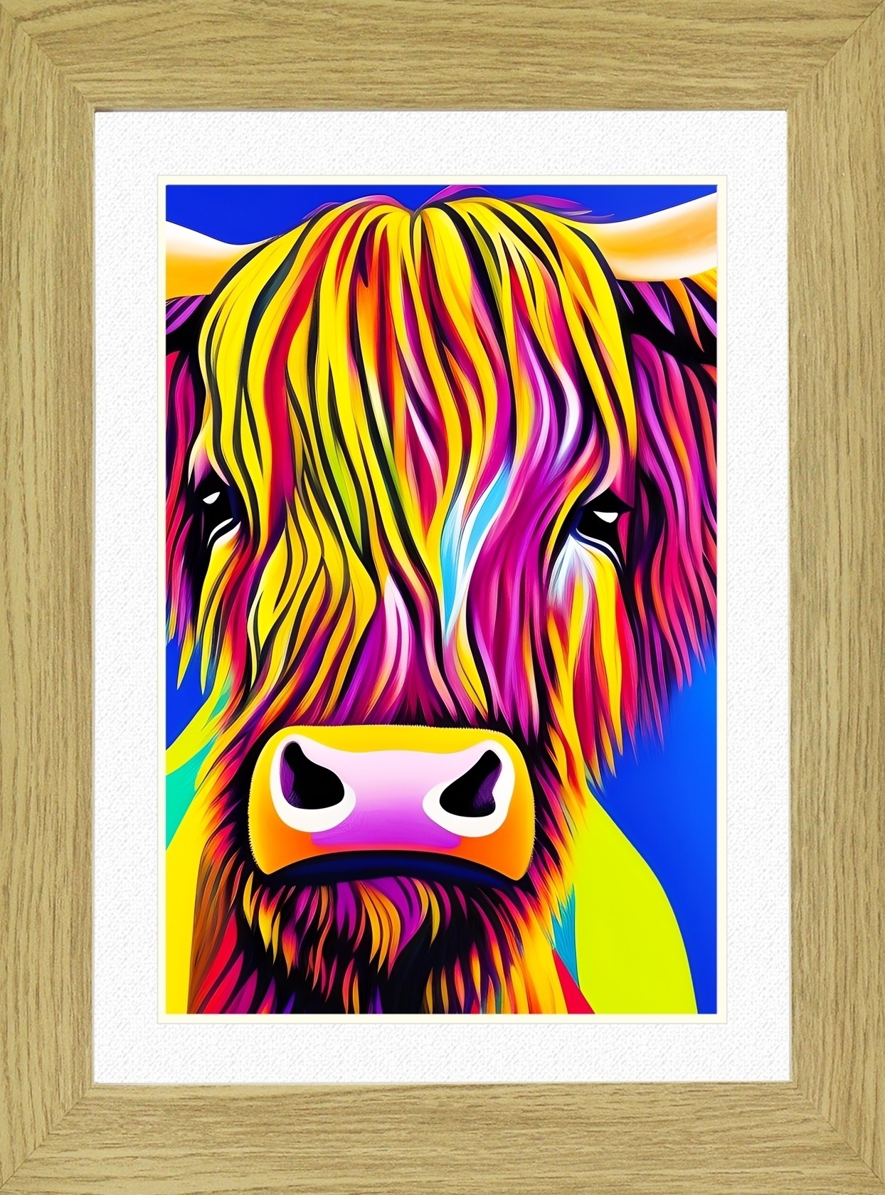 Cow Animal Picture Framed Colourful Abstract Art (25cm x 20cm Light Oak Frame)