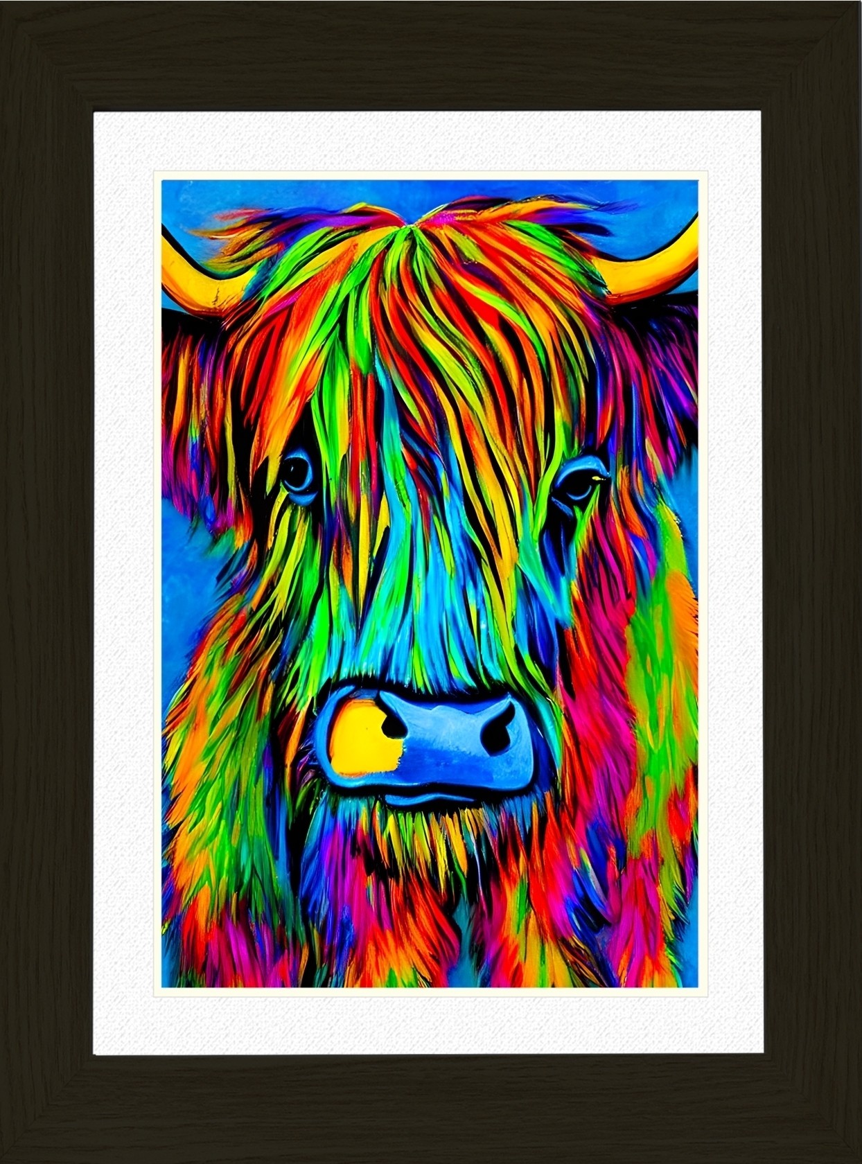 Highland Cow Animal Picture Framed Colourful Abstract Art (25cm x 20cm Black Frame)