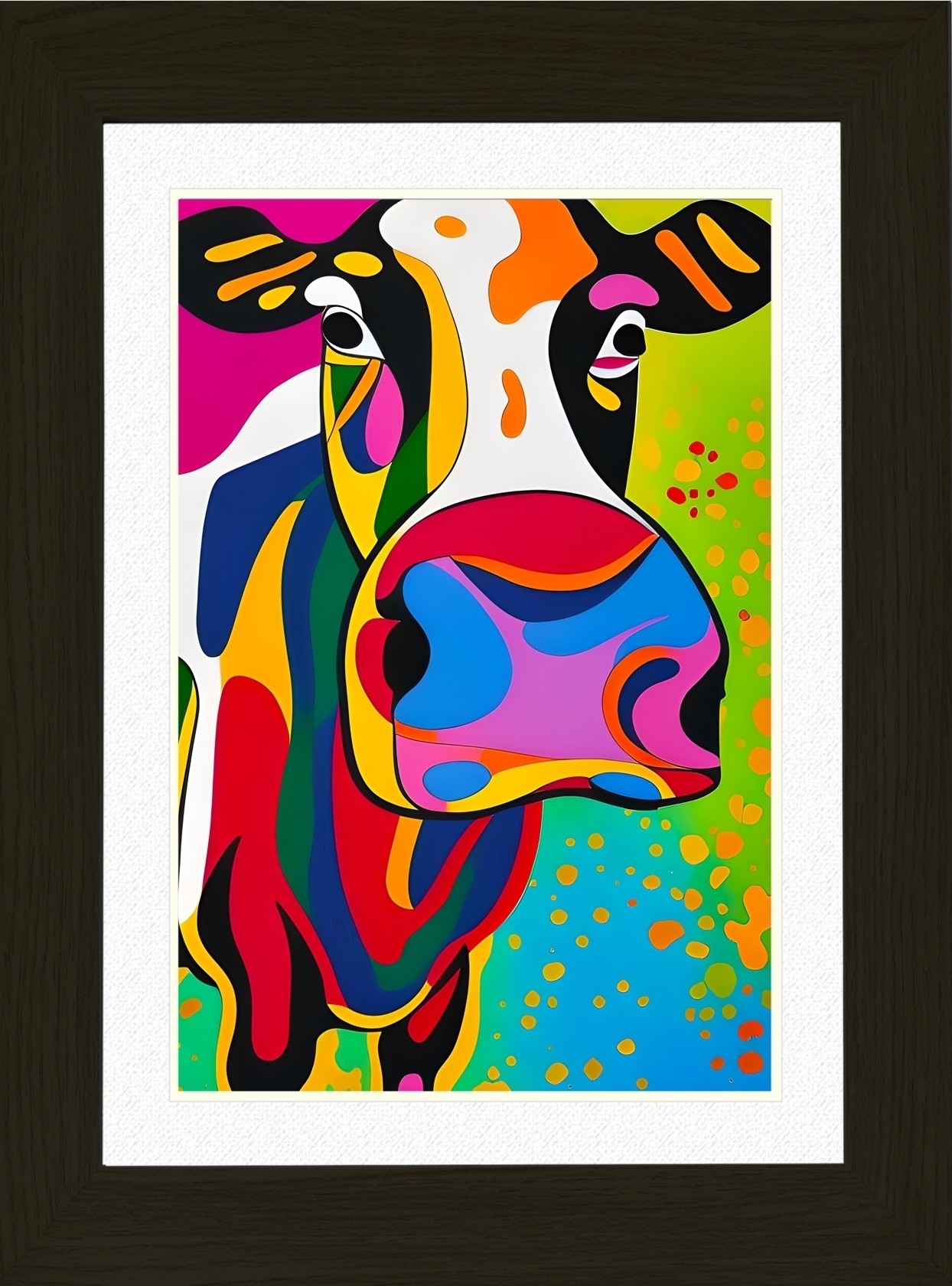 Cow Animal Picture Framed Colourful Abstract Art (25cm x 20cm Black Frame)