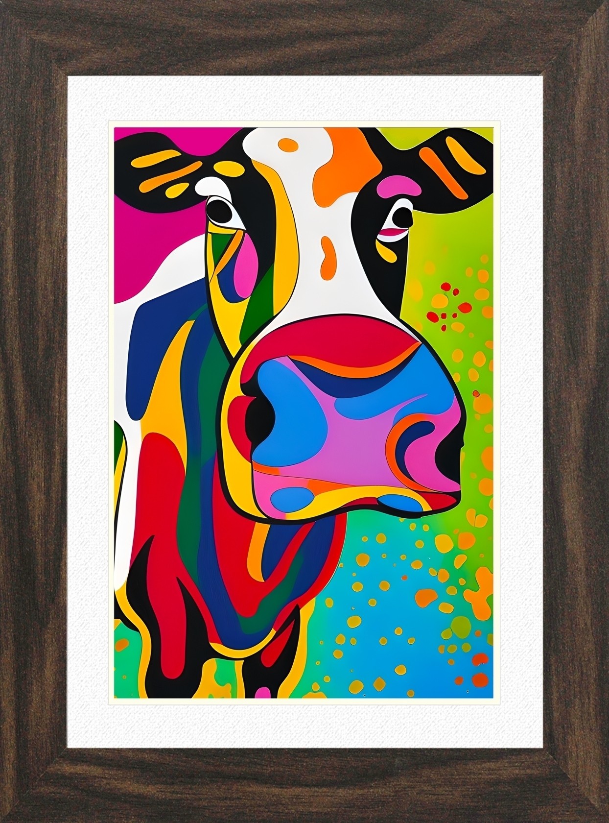 Cow Animal Picture Framed Colourful Abstract Art (30cm x 25cm Walnut Frame)