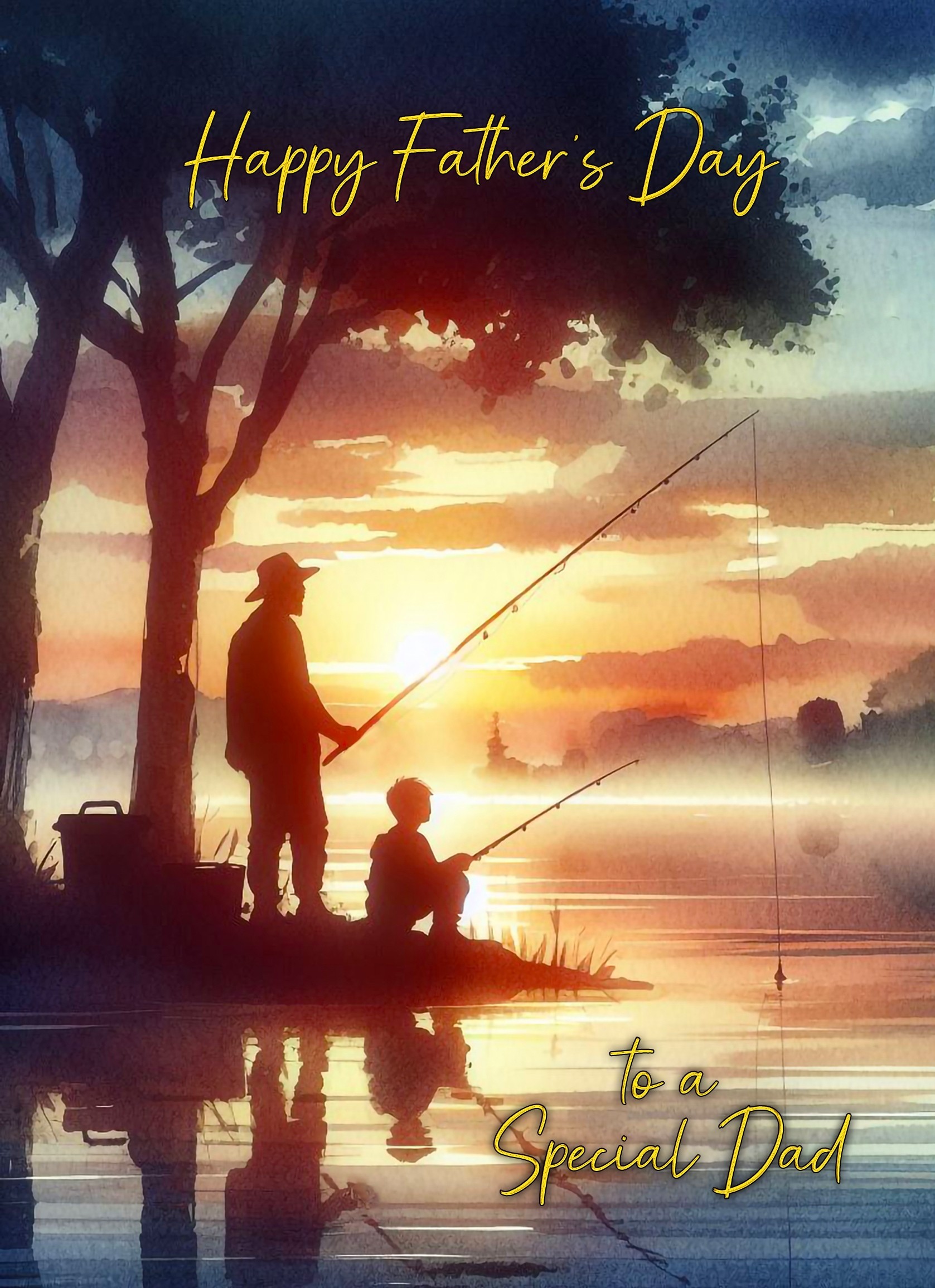 Fishing Father and Child Watercolour Art Fathers Day Card For Dad (Design 1)