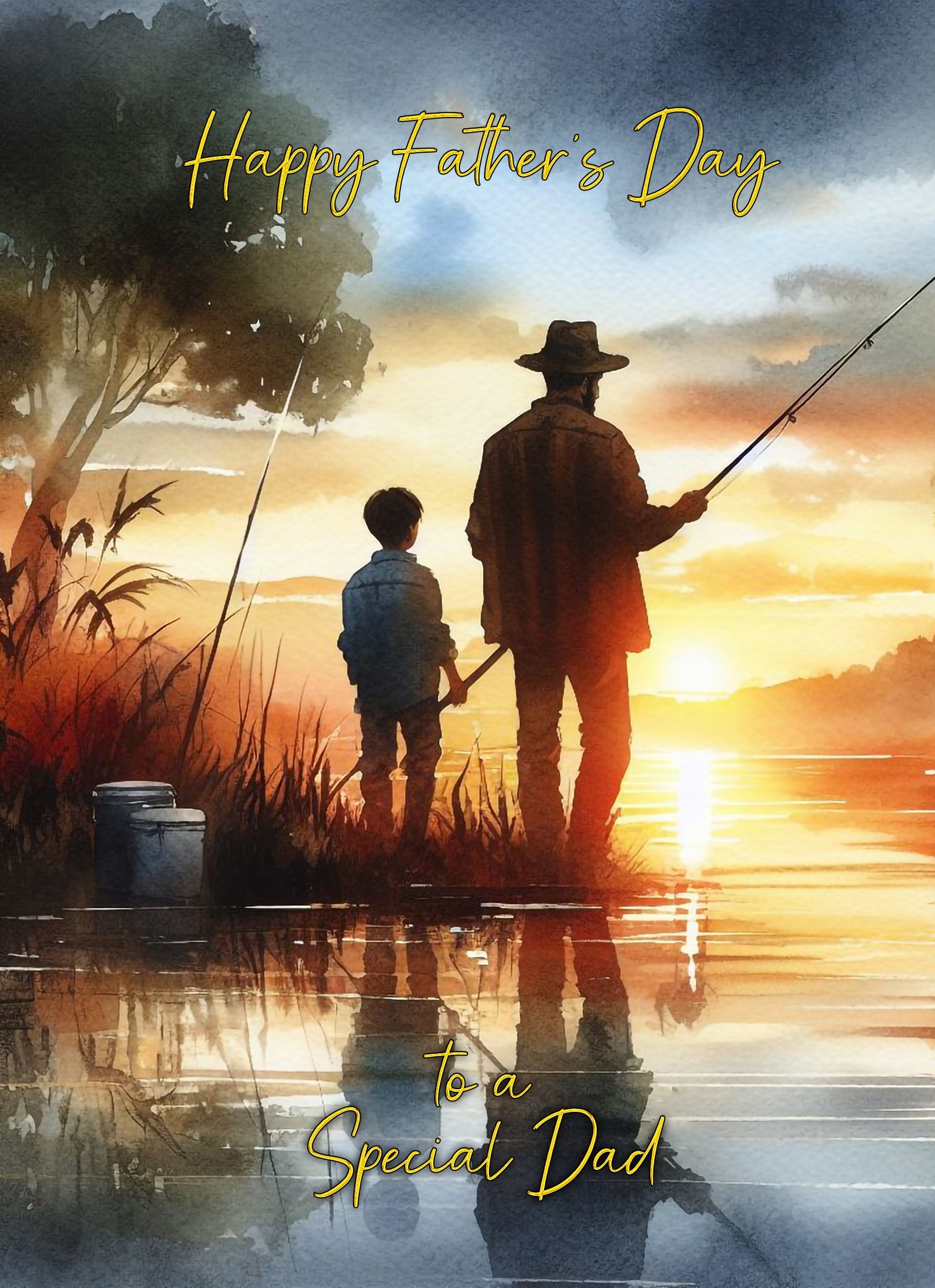 Fishing Father and Child Watercolour Art Fathers Day Card For Dad (Design 2)