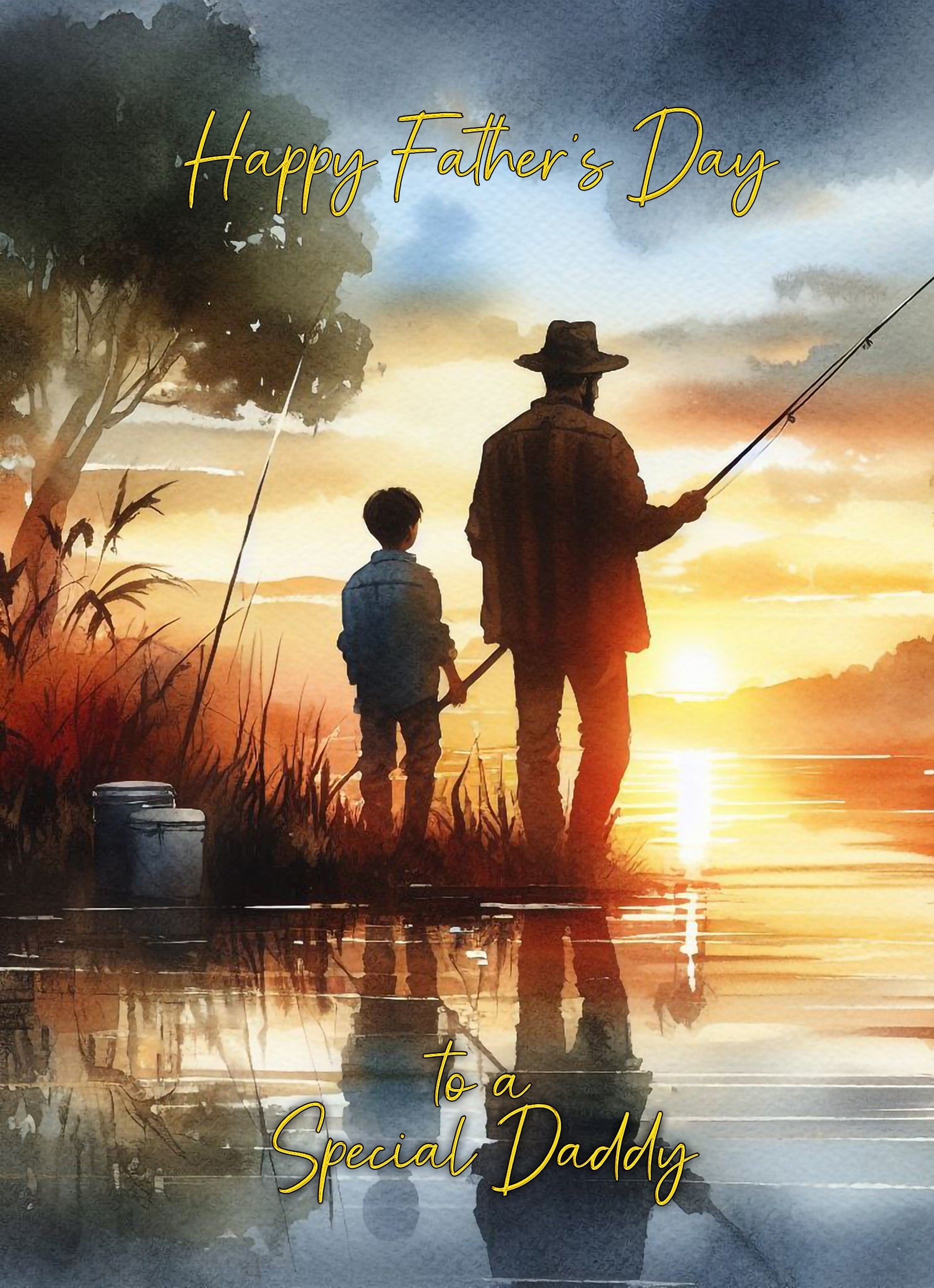 Fishing Father and Child Watercolour Art Fathers Day Card For Daddy (Design 2)