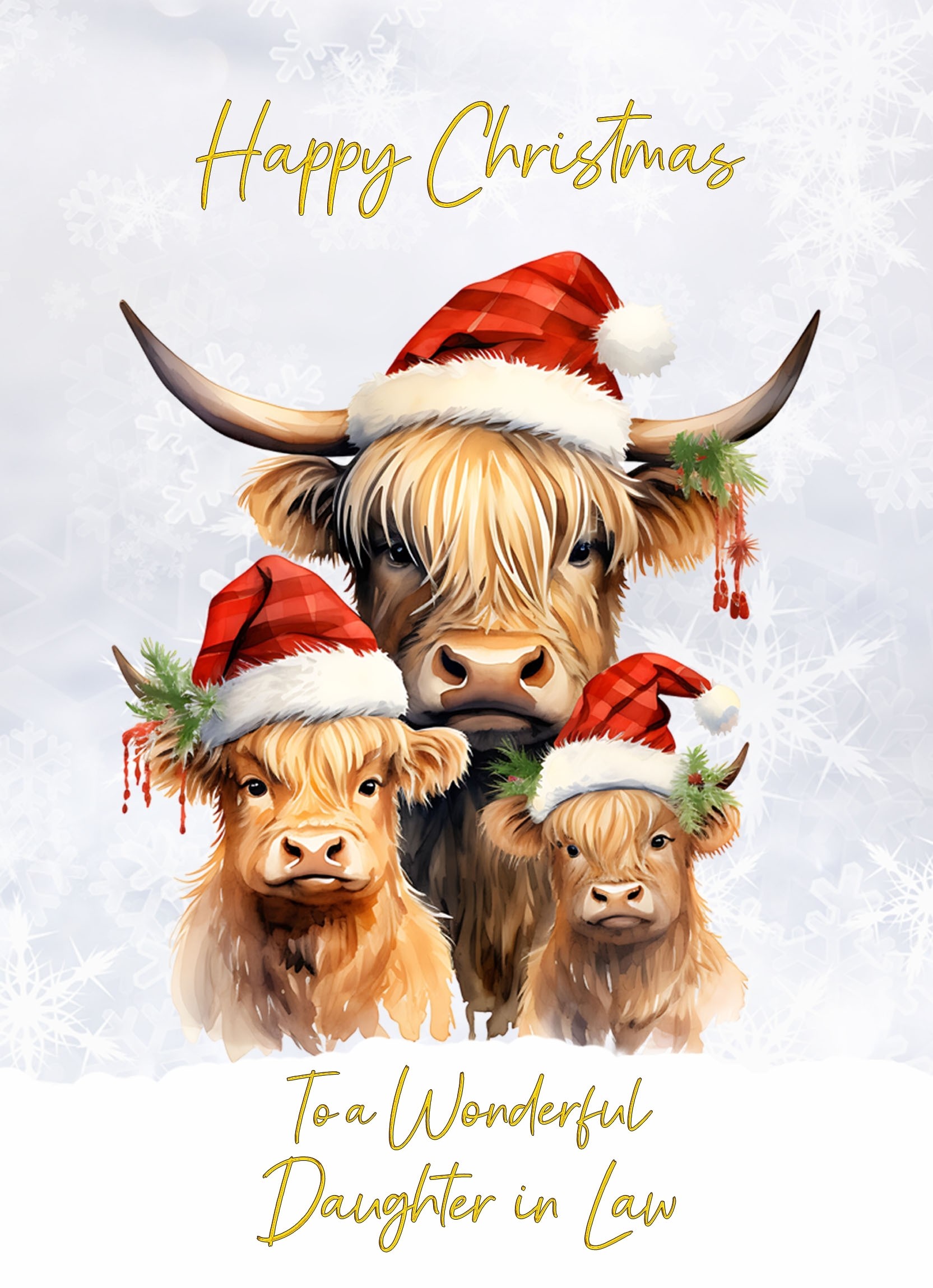 Christmas Card For Daughter in Law (Highland Cow Family Art)