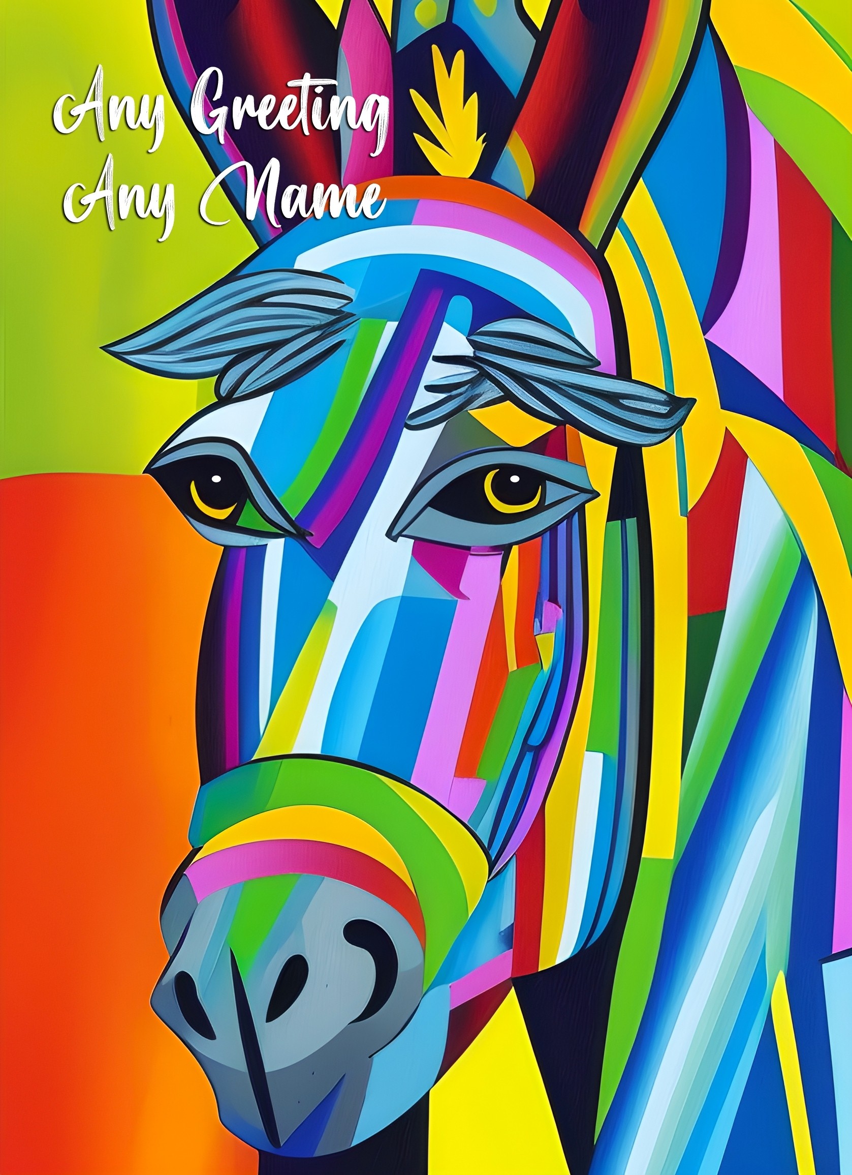 Personalised Donkey Animal Colourful Abstract Art Greeting Card (Birthday, Fathers Day, Any Occasion)