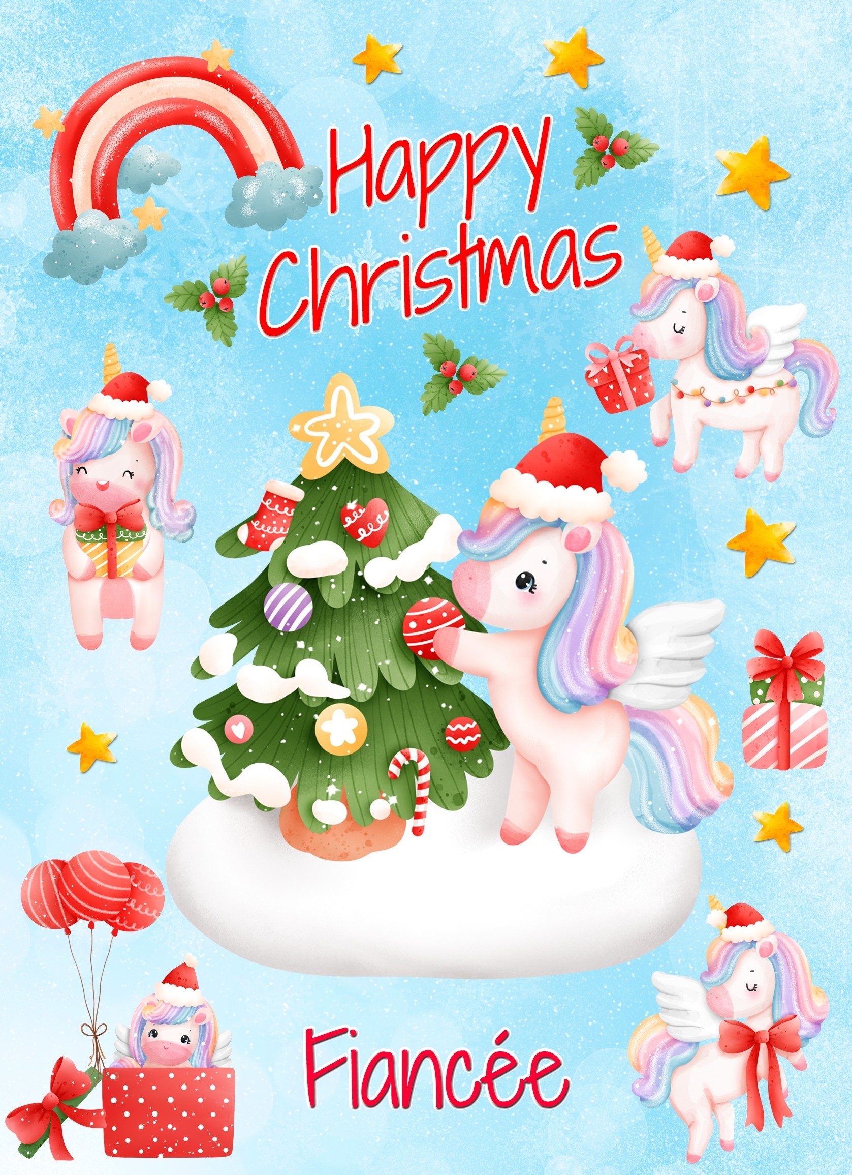 Christmas Card For Fiancee (Unicorn, Blue)