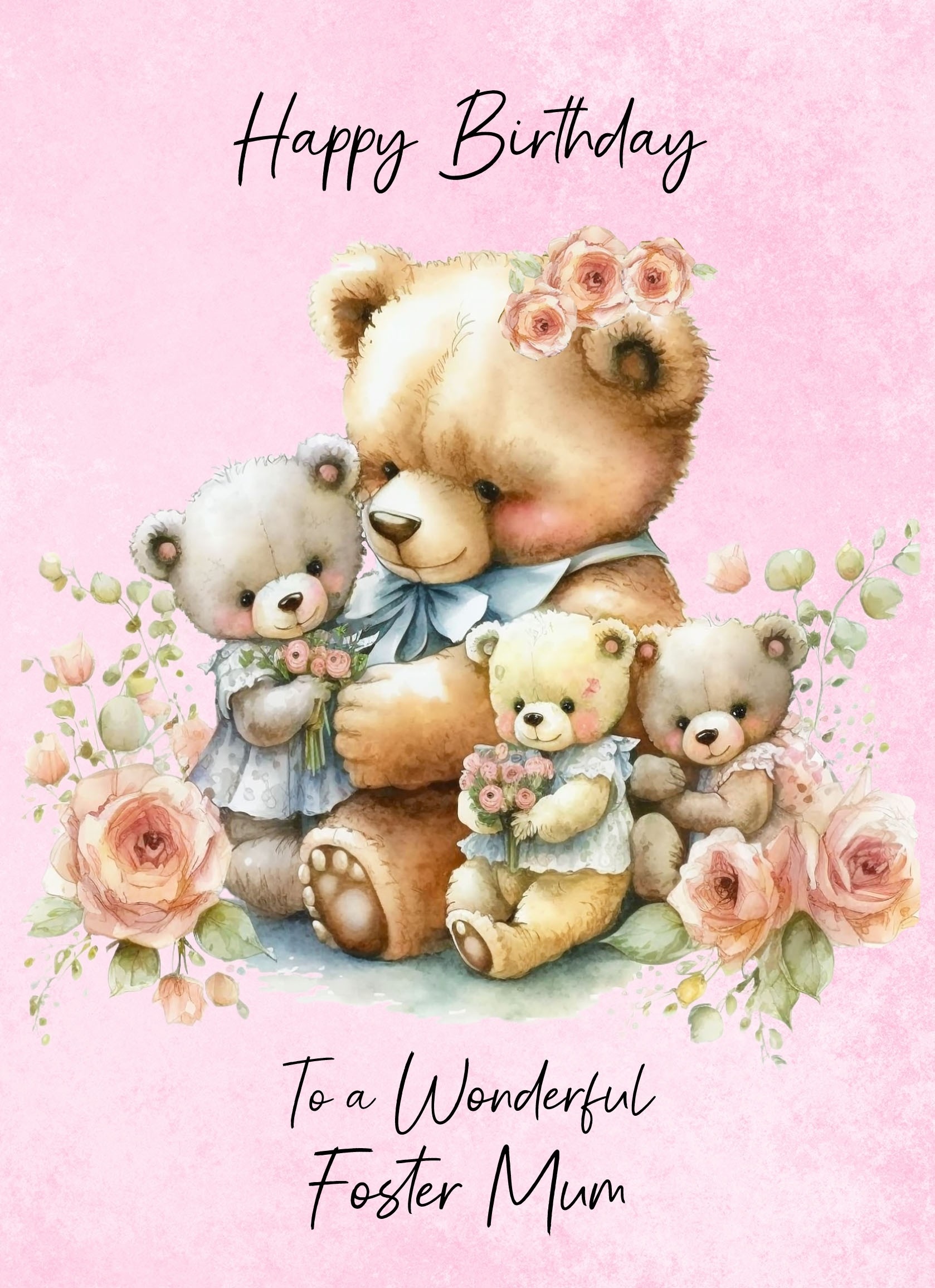 Cuddly Bear Art Birthday Card For Foster Mum (Design 1)