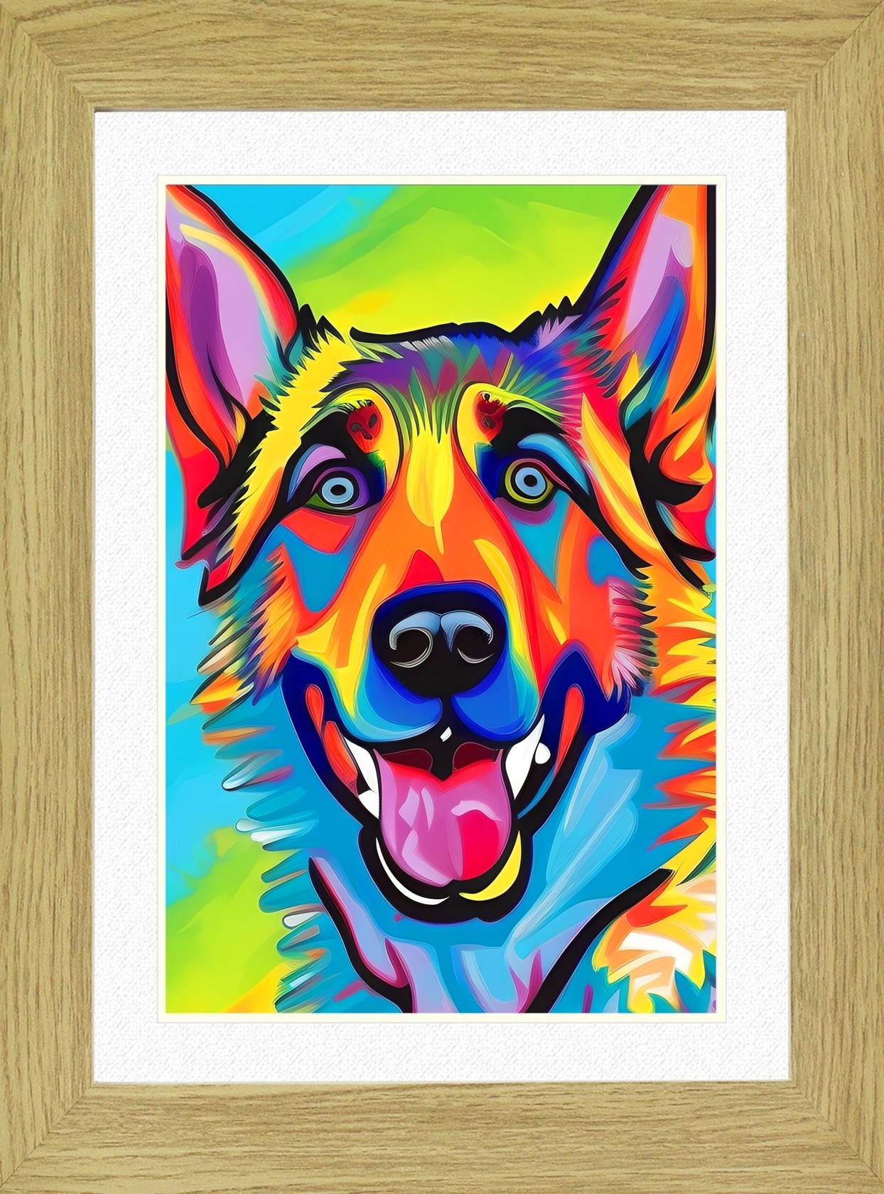 German Shepherd Dog Picture Framed Colourful Abstract Art (25cm x 20cm Light Oak Frame)