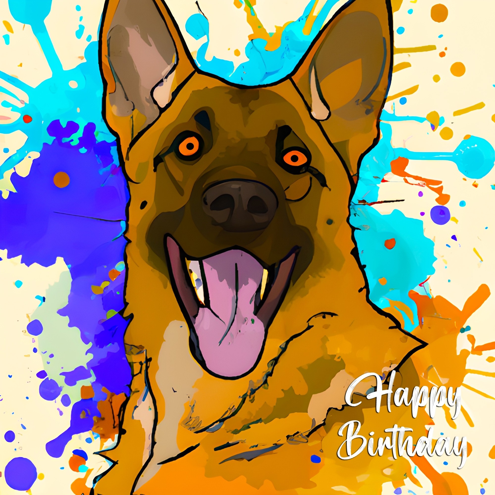 German Shepherd Dog Splash Art Cartoon Square Birthday Card