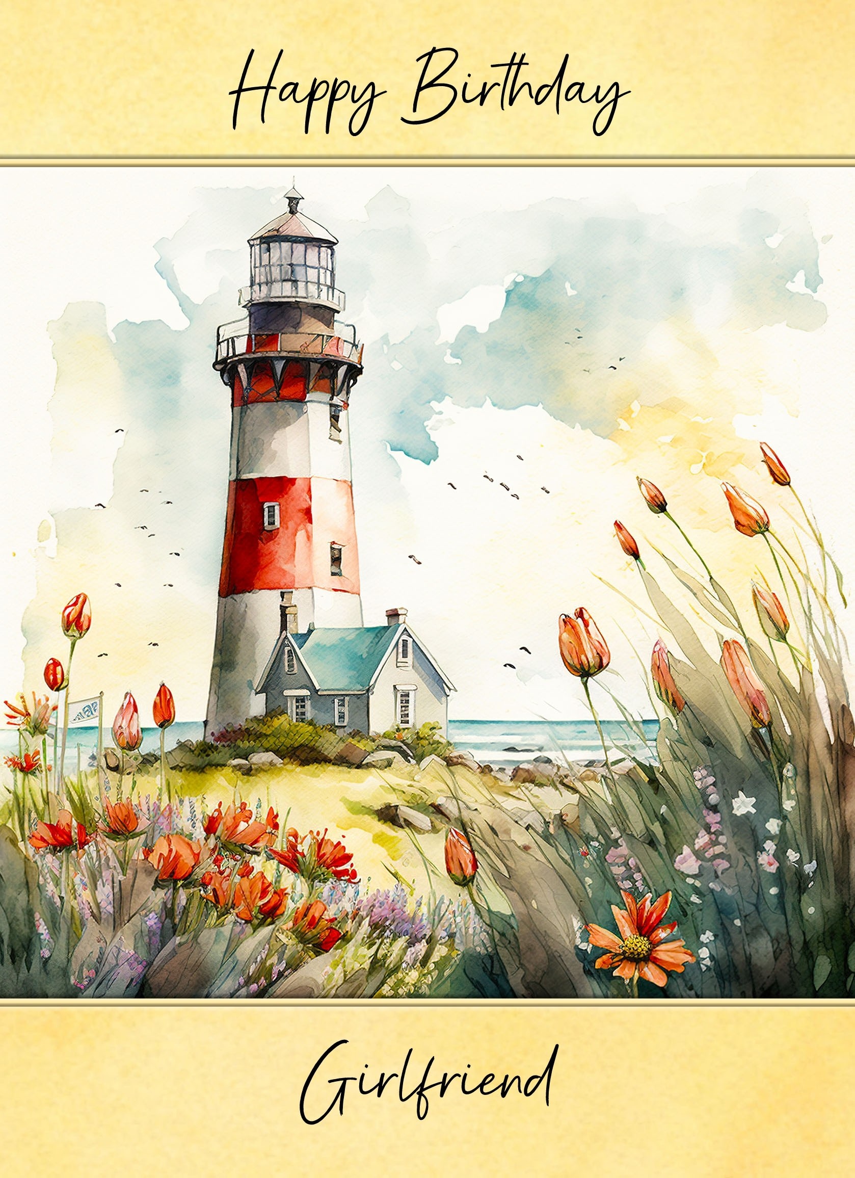 Lighthouse Watercolour Art Birthday Card For Girlfriend