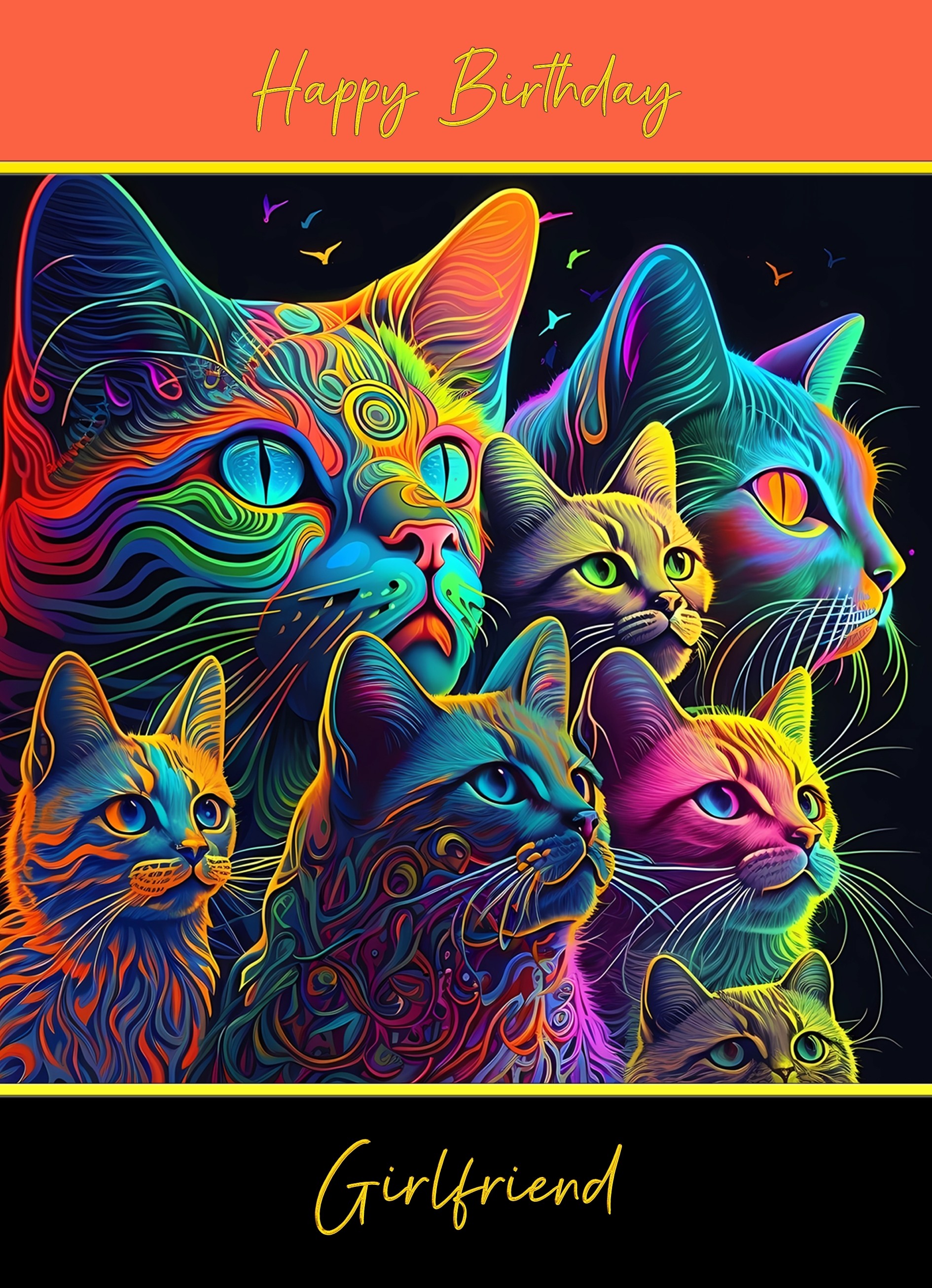 Birthday Card For Girlfriend (Colourful Cat Art, Design 2)