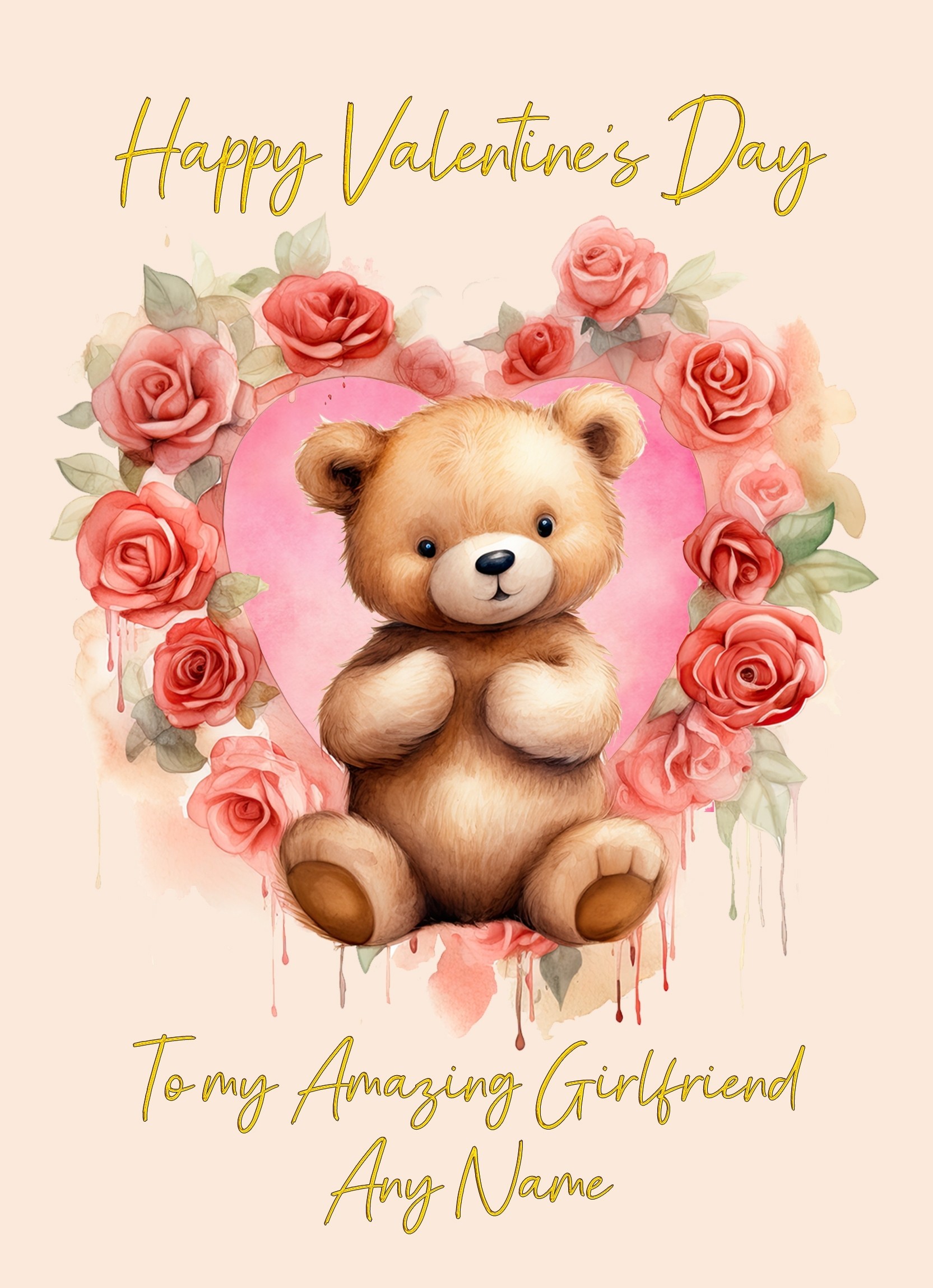 Personalised Valentines Day Card for Girlfriend (Cuddly Bear, Design 2)