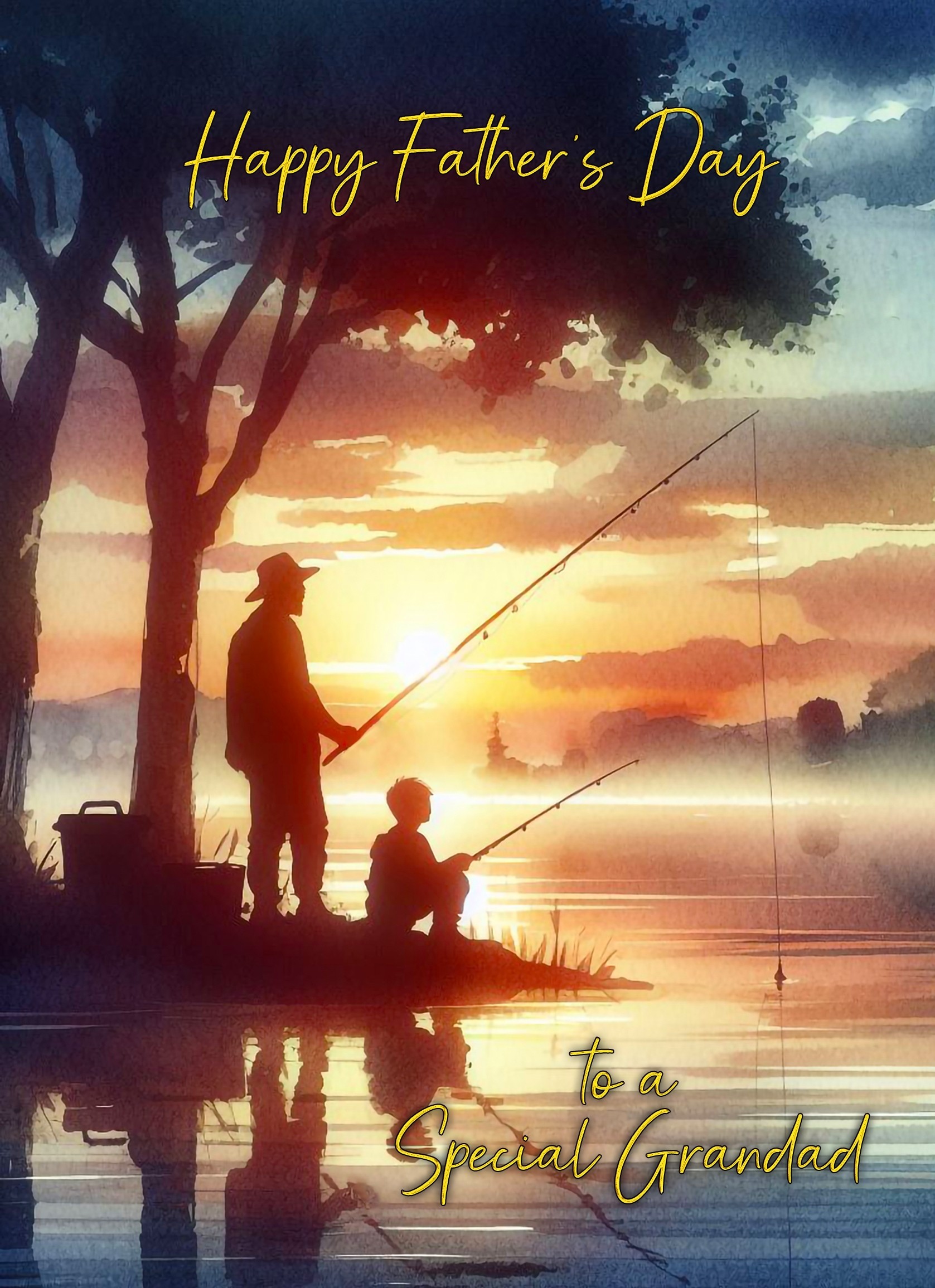 Fishing Father and Child Watercolour Art Fathers Day Card For Grandad (Design 1)