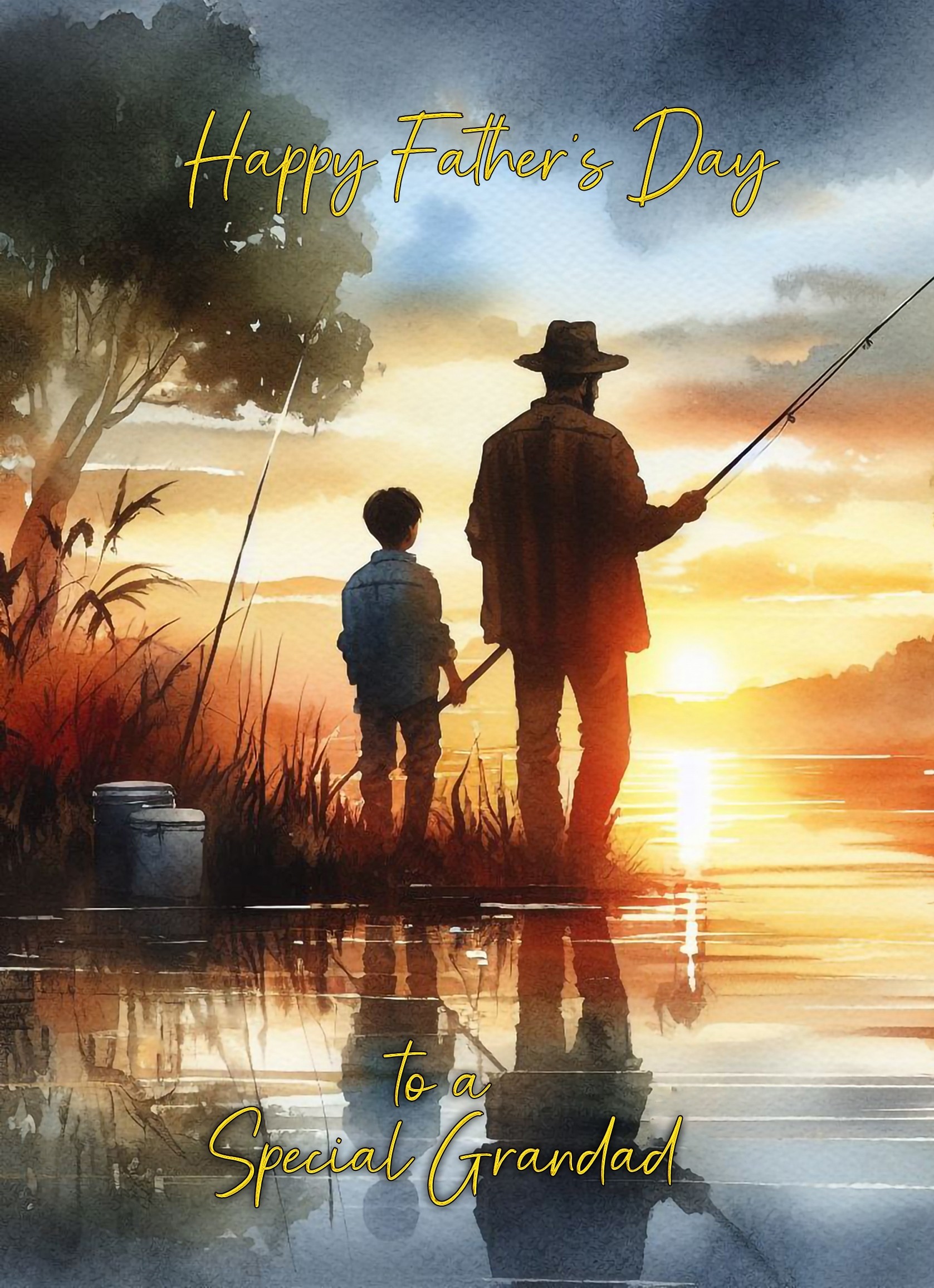 Fishing Father and Child Watercolour Art Fathers Day Card For Grandad (Design 2)