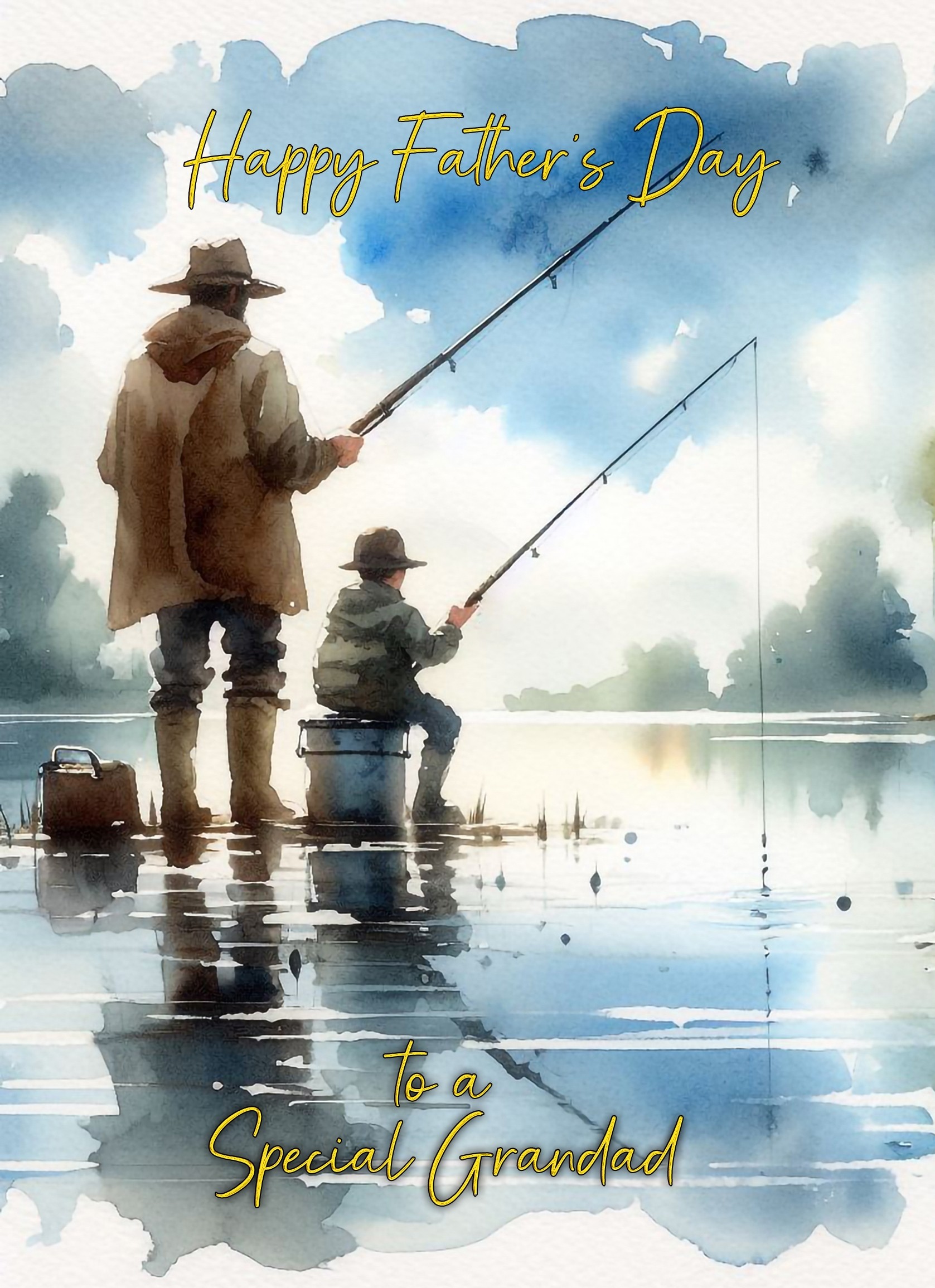 Fishing Father and Child Watercolour Art Fathers Day Card For Grandad (Design 3)