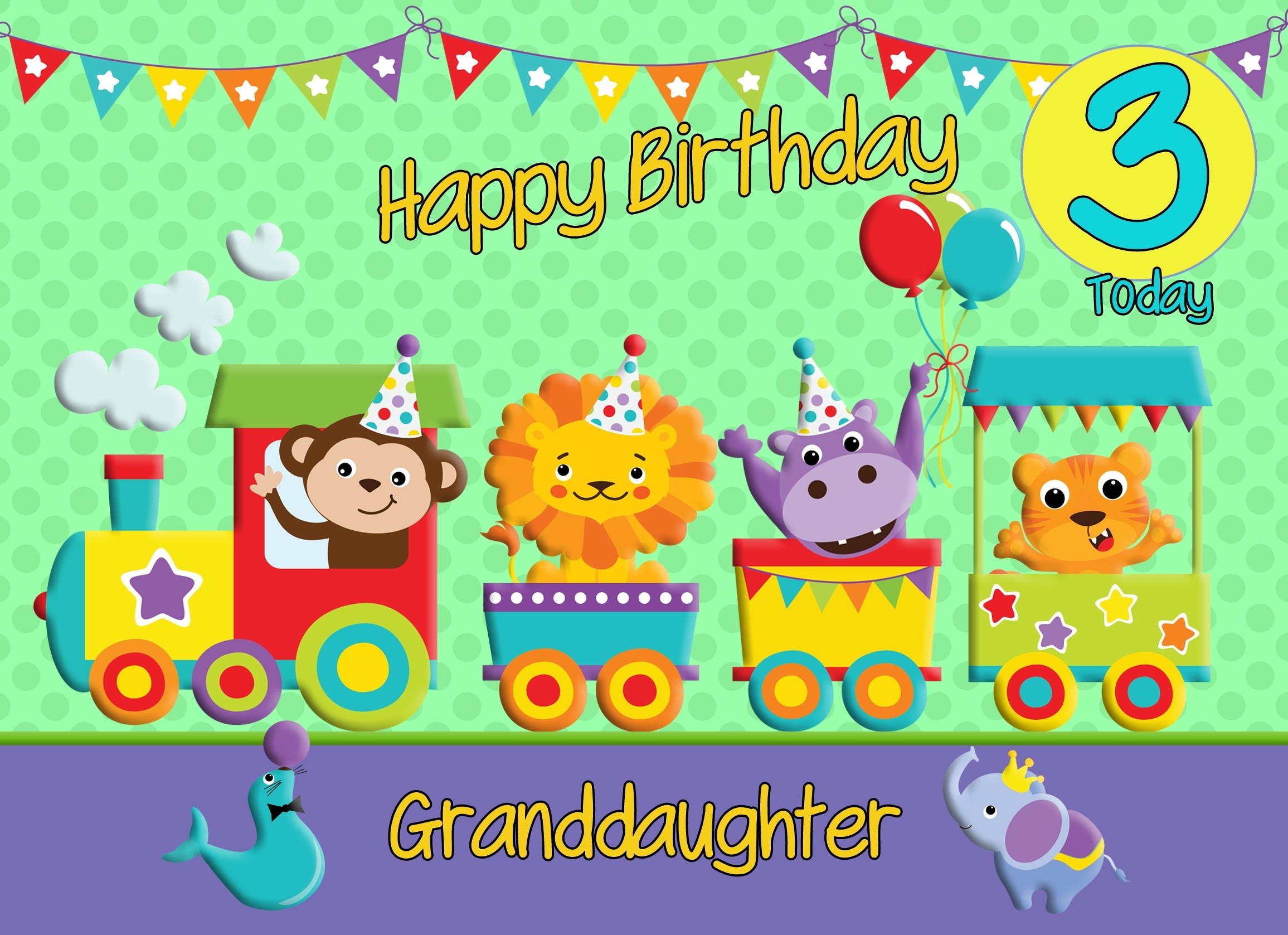 3rd Birthday Card for Granddaughter (Train Green)