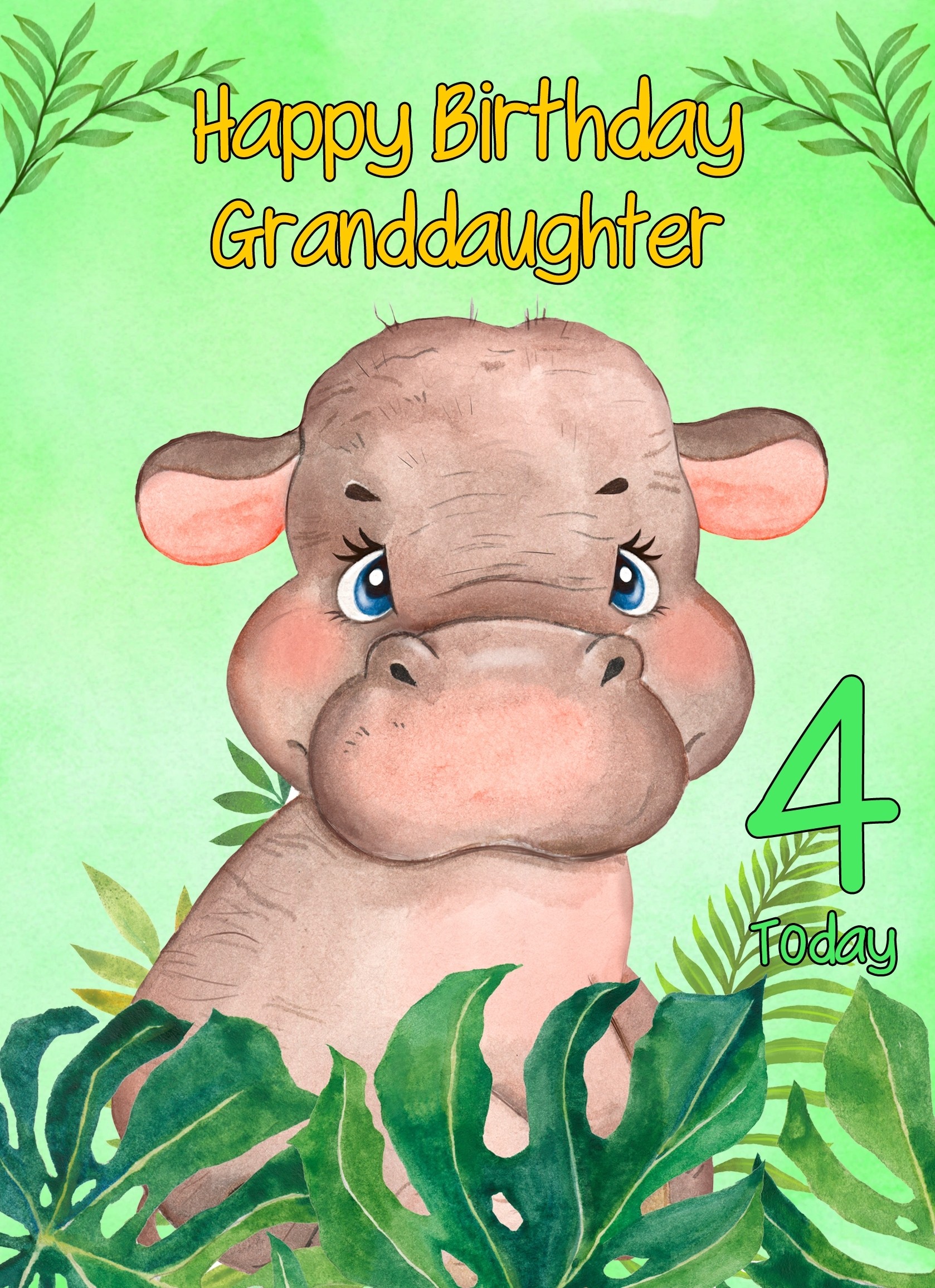 4th Birthday Card for Granddaughter (Hippo)