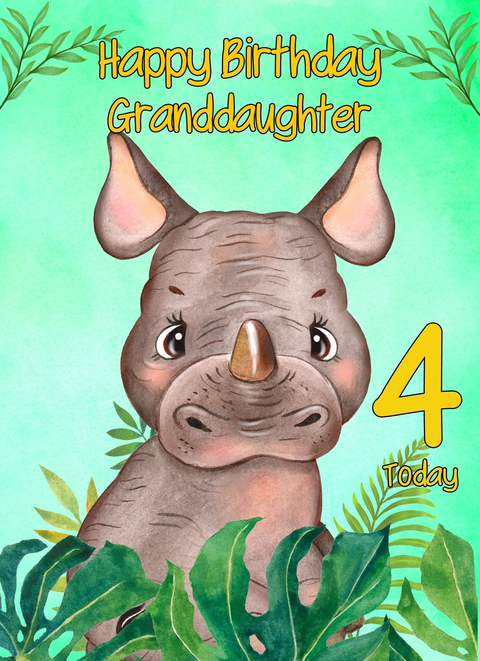 4th Birthday Card for Granddaughter (Rhino)