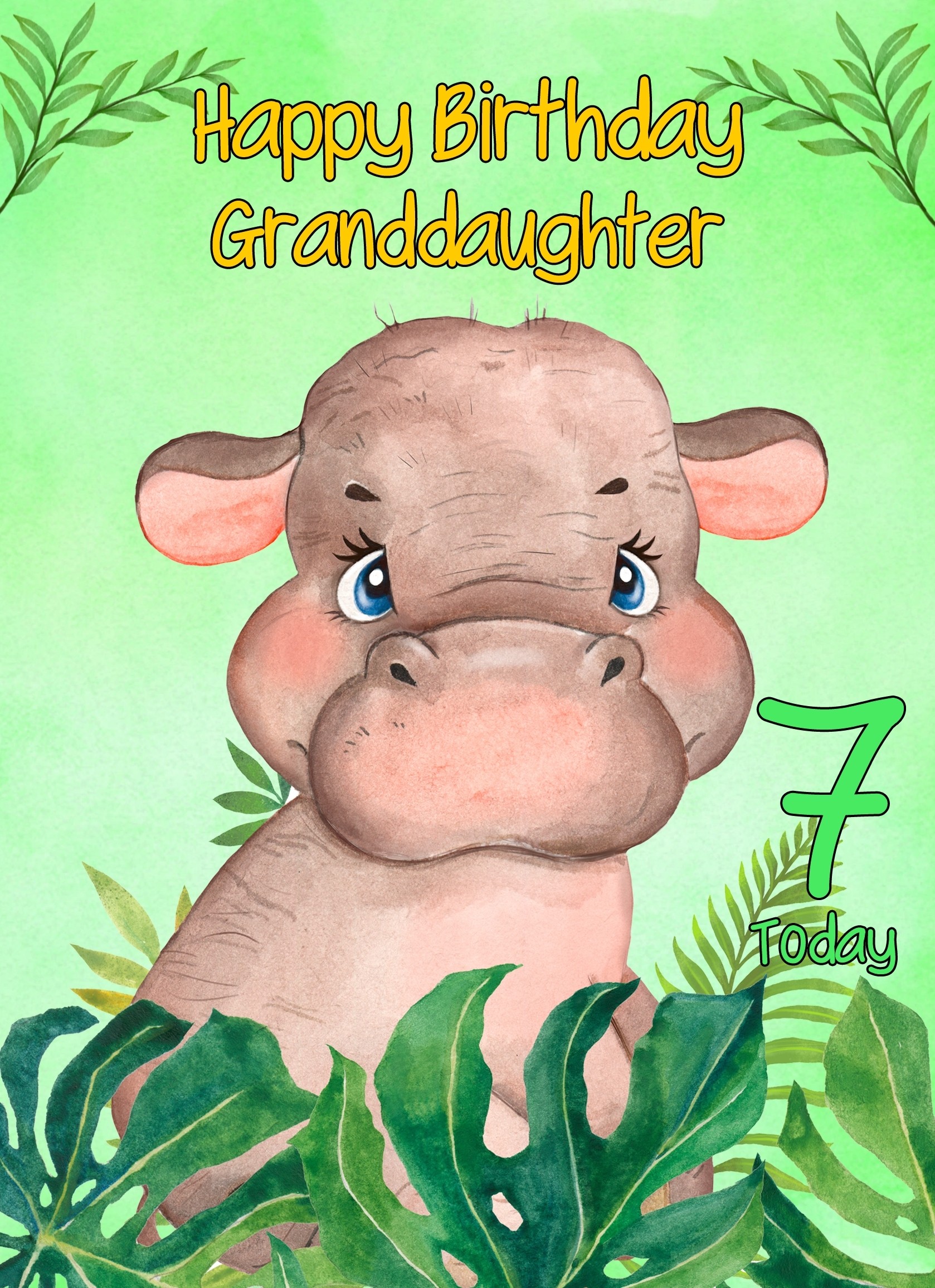 7th Birthday Card for Granddaughter (Hippo)